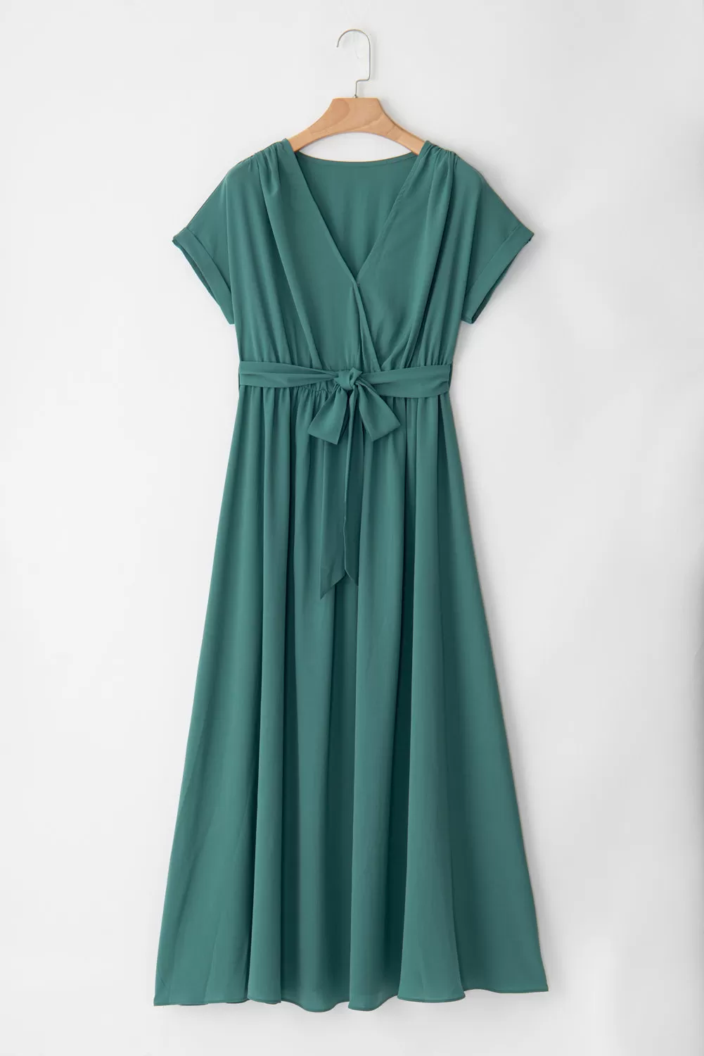 Blackish Green Solid Color V Neck Wrap Pleated Short Sleeve Maxi Dress