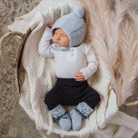 Blue Merino Wool Bonnet & Booties