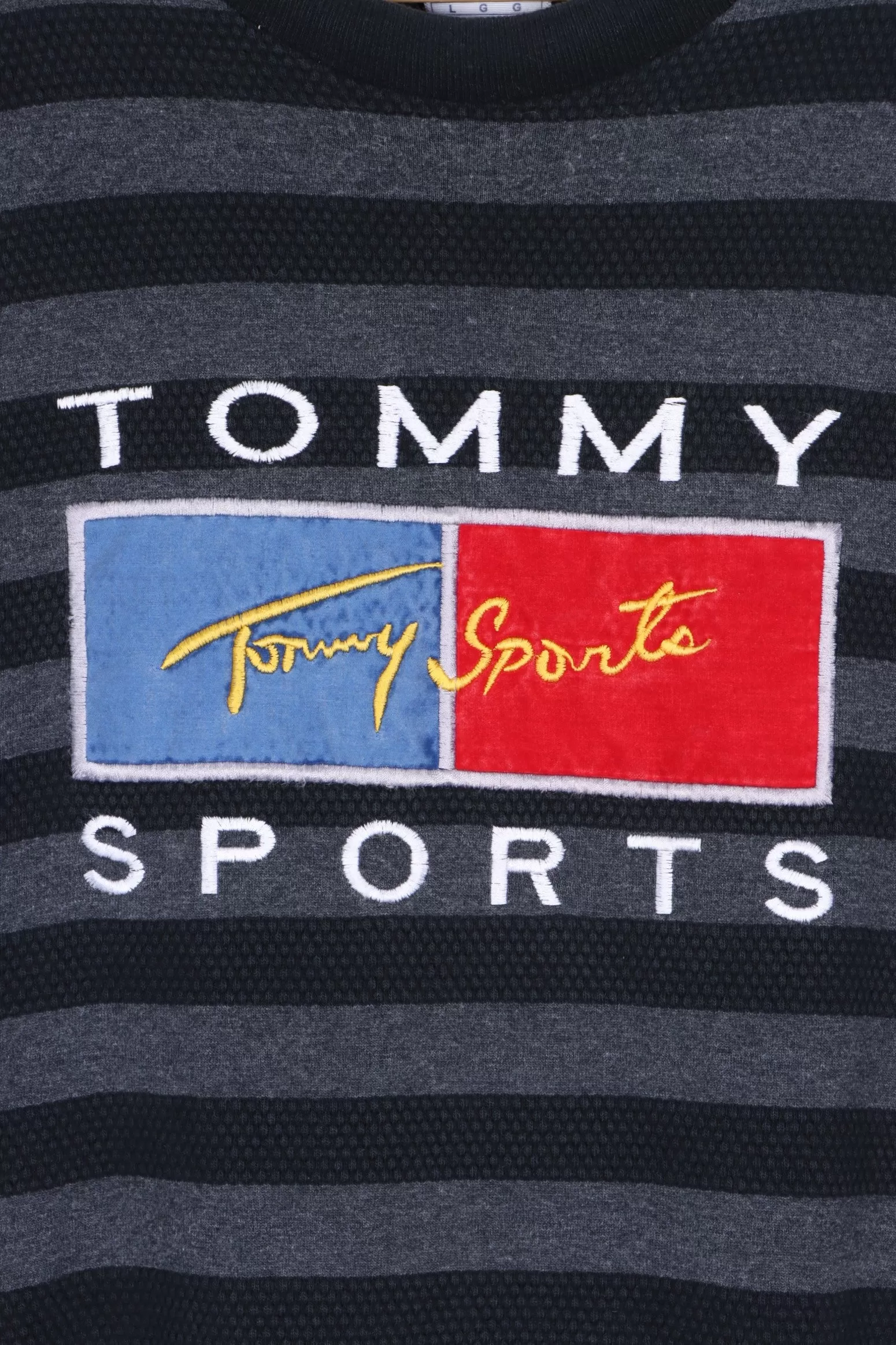 BOOTLEG Tommy Hilfiger Sports Big Box Logo Textured Striped T-Shirt (L)