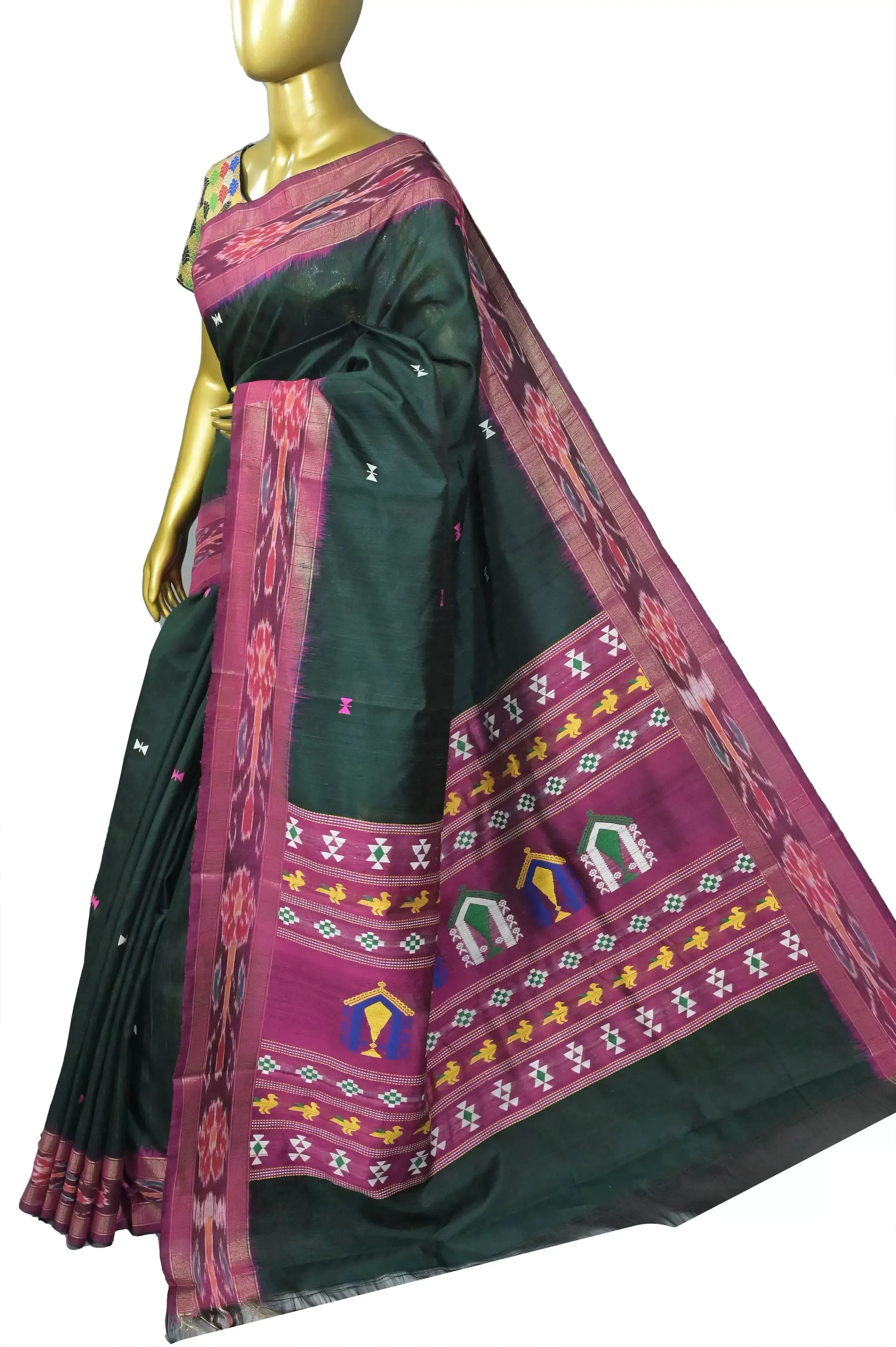 Bottle Green Color Pure Raw Silk Saree with Sambalpuri Border and Dolabedi Pallu