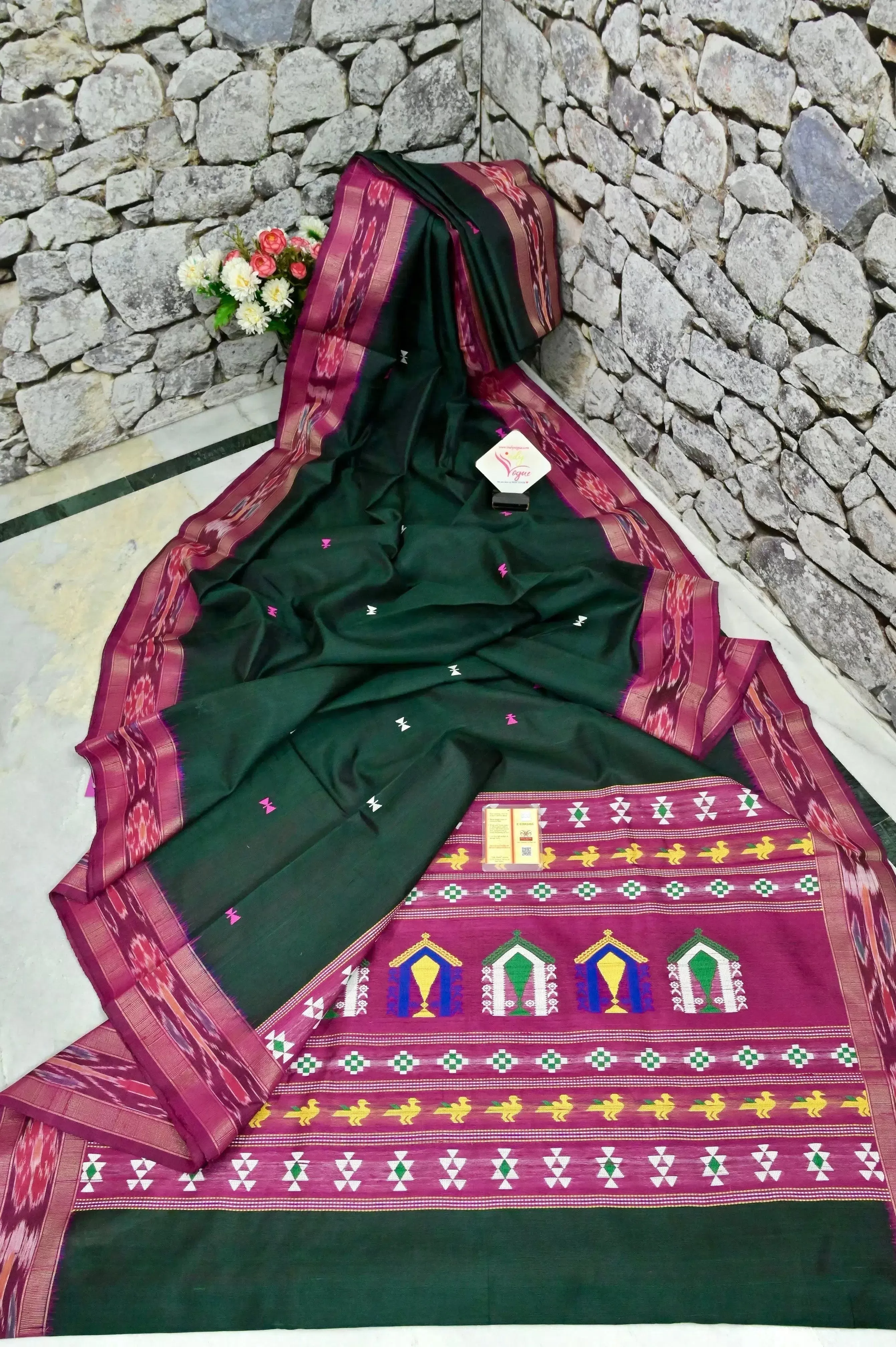 Bottle Green Color Pure Raw Silk Saree with Sambalpuri Border and Dolabedi Pallu