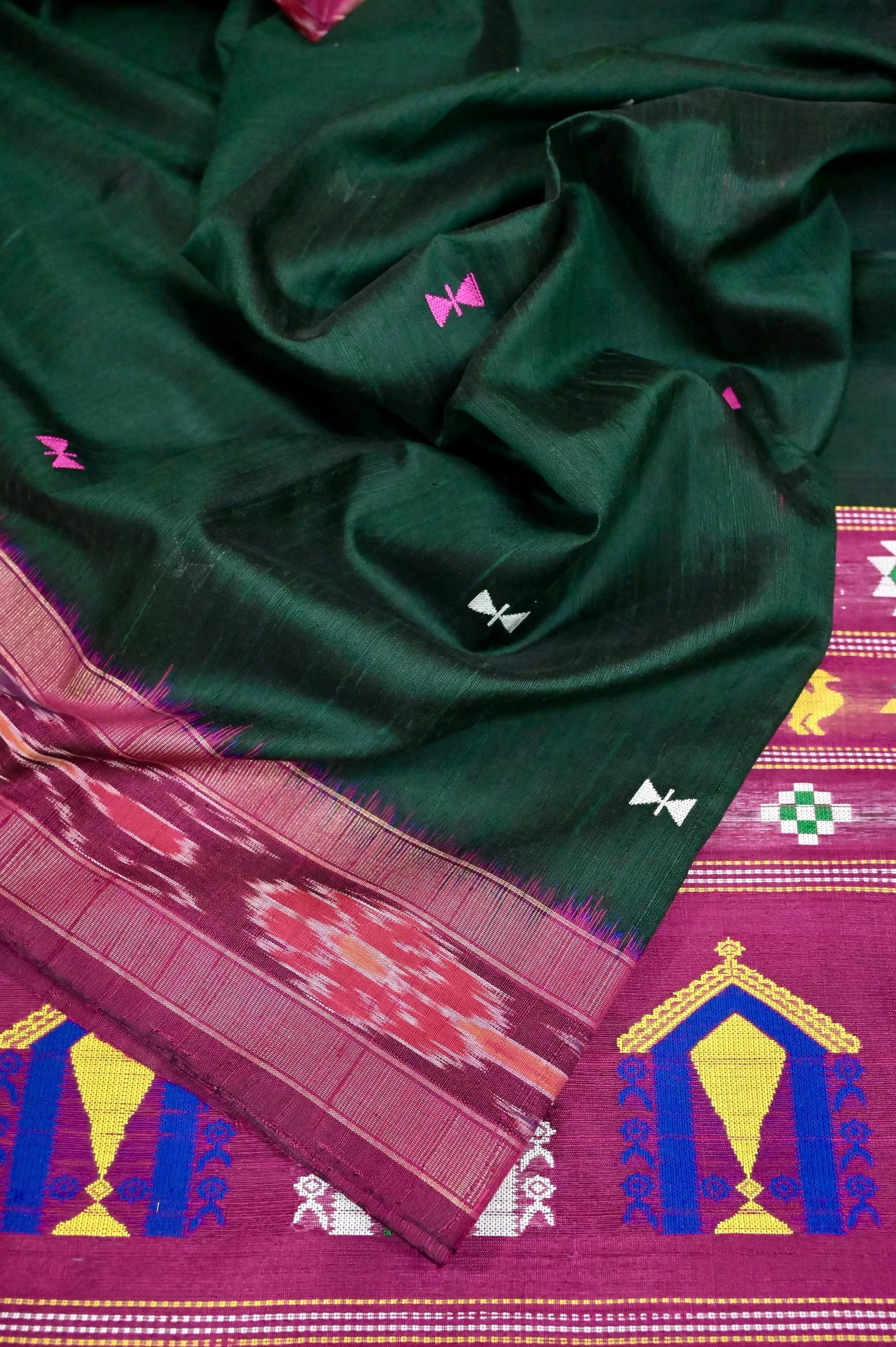 Bottle Green Color Pure Raw Silk Saree with Sambalpuri Border and Dolabedi Pallu