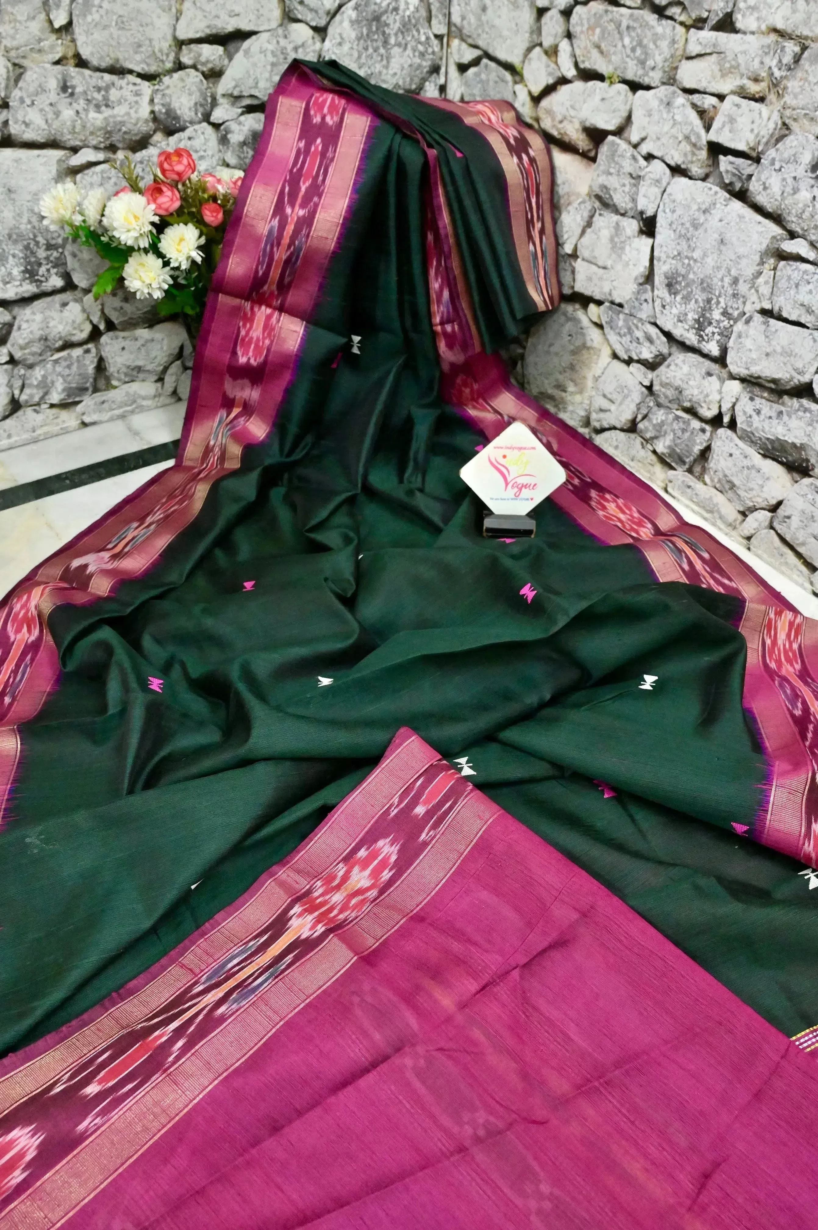 Bottle Green Color Pure Raw Silk Saree with Sambalpuri Border and Dolabedi Pallu