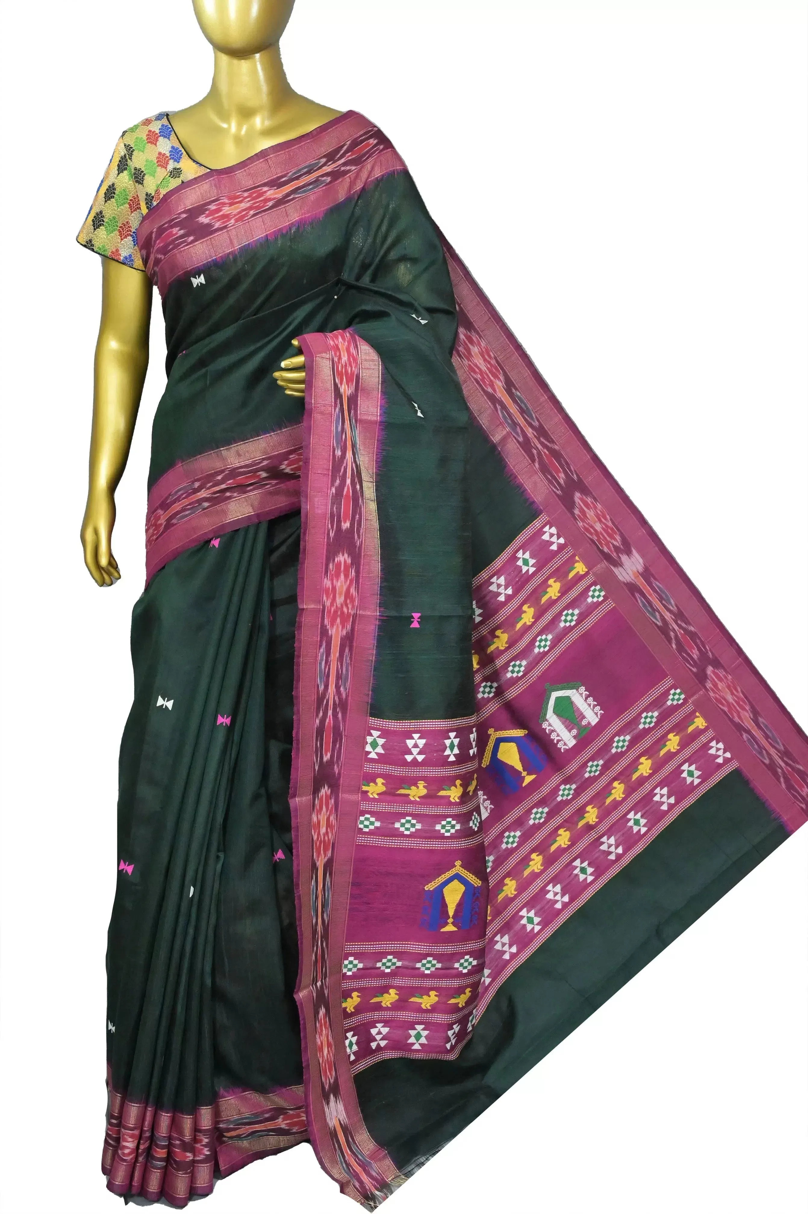 Bottle Green Color Pure Raw Silk Saree with Sambalpuri Border and Dolabedi Pallu