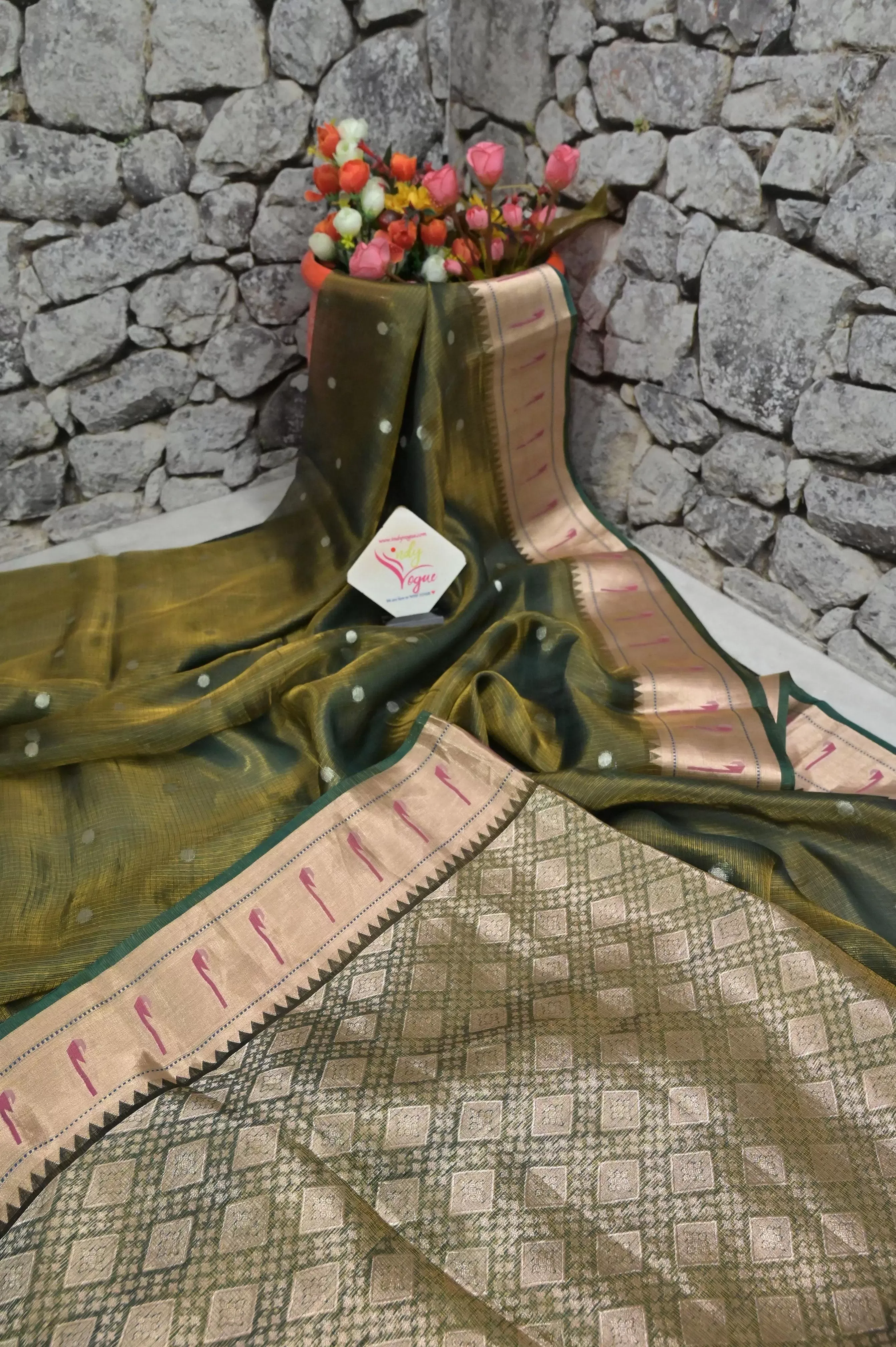 Bottle Green Color Pure Tissue Banarasi Saree in Paithani Style