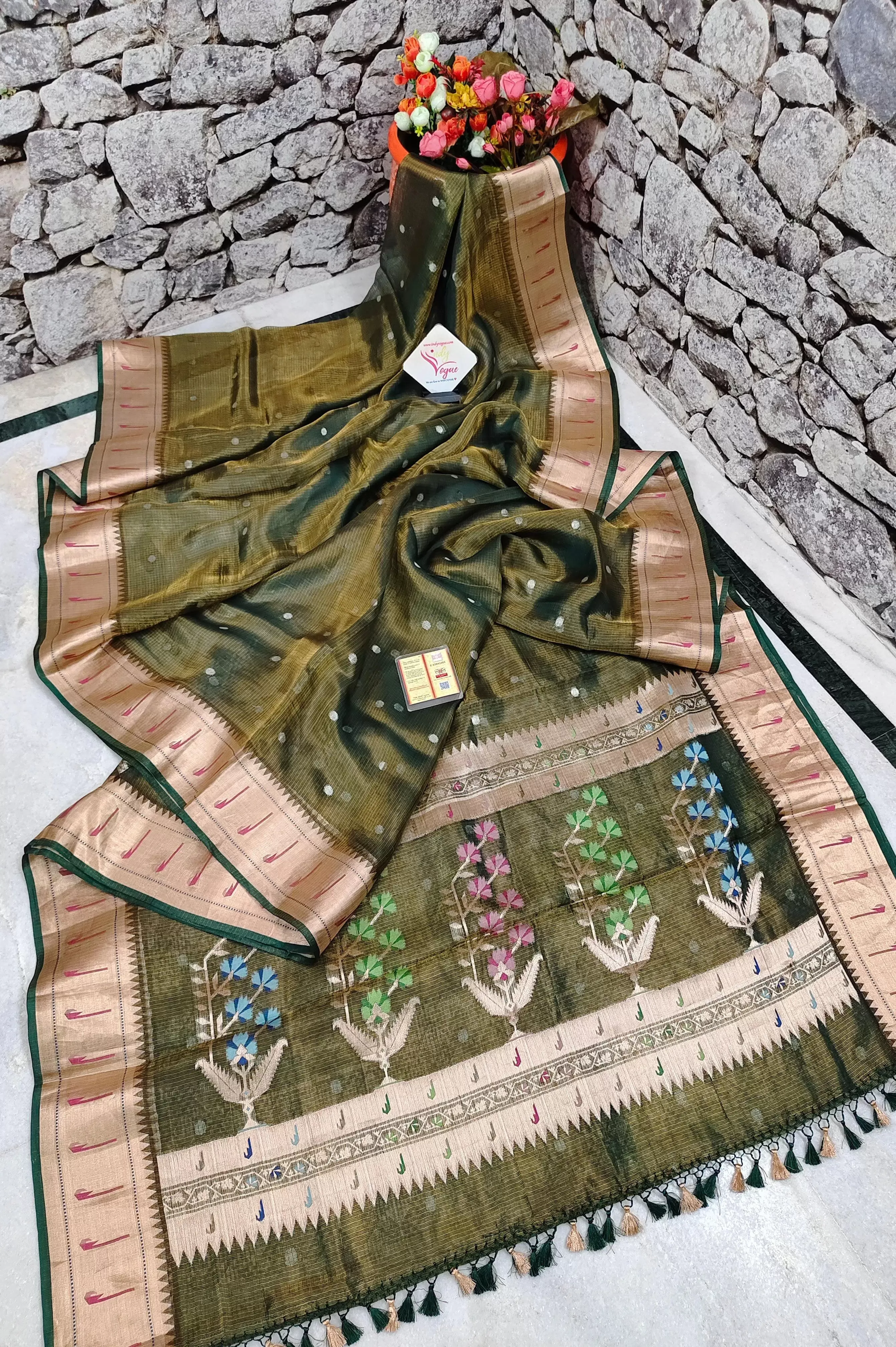 Bottle Green Color Pure Tissue Banarasi Saree in Paithani Style