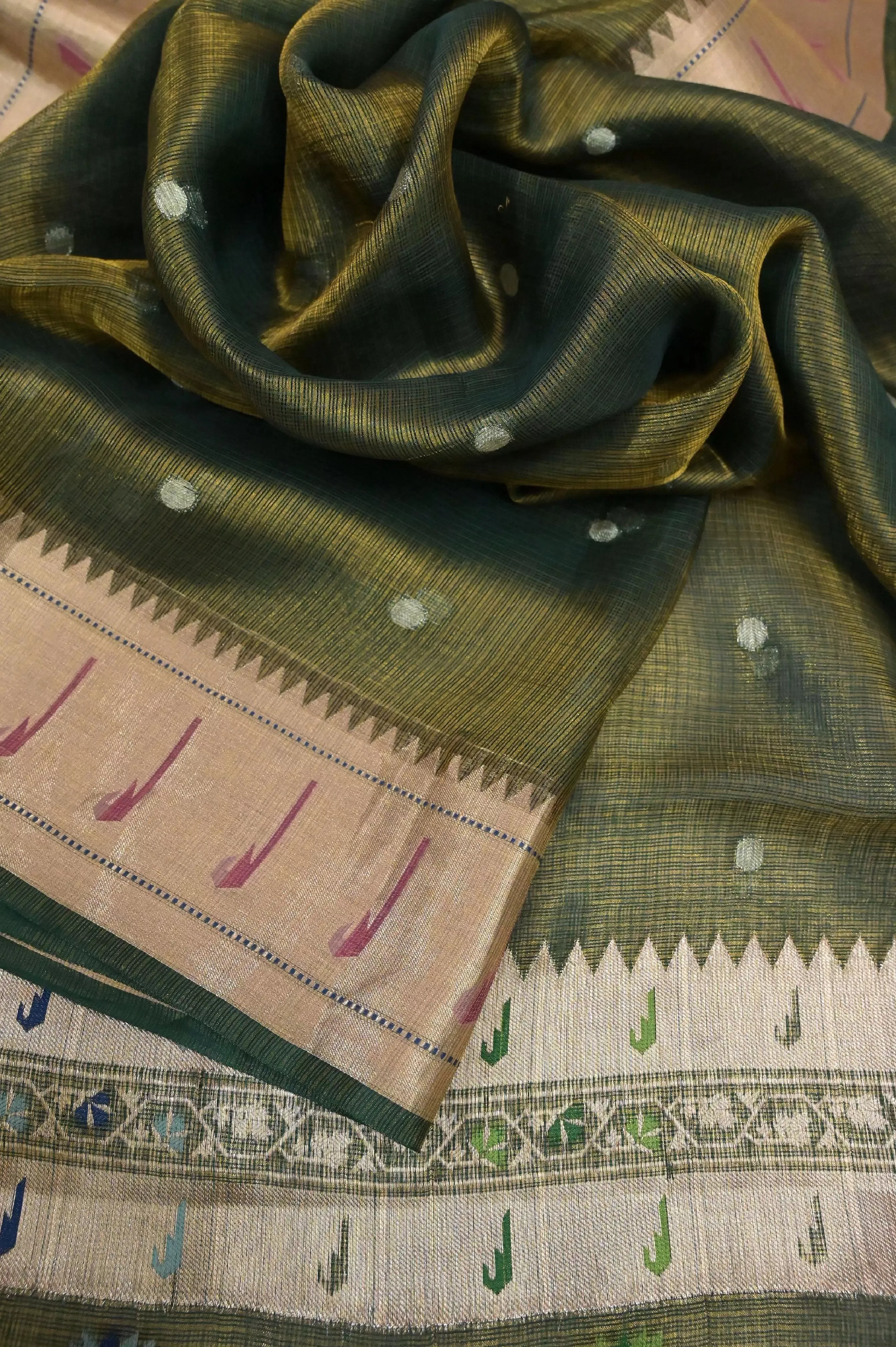 Bottle Green Color Pure Tissue Banarasi Saree in Paithani Style