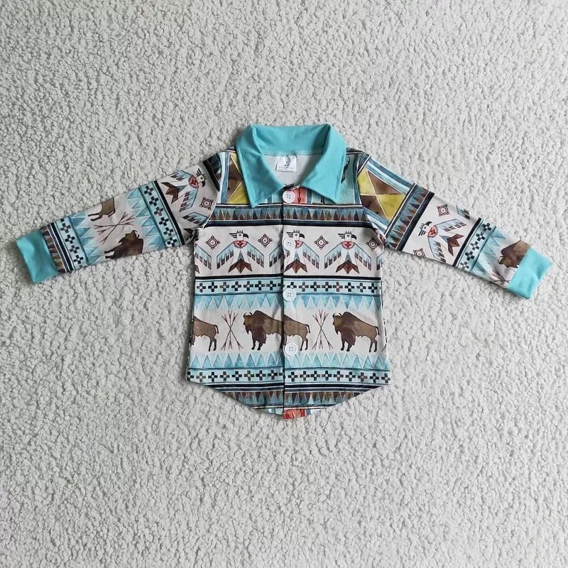 Boys Shirt - Button Down - Western Eagle Geo Aztec