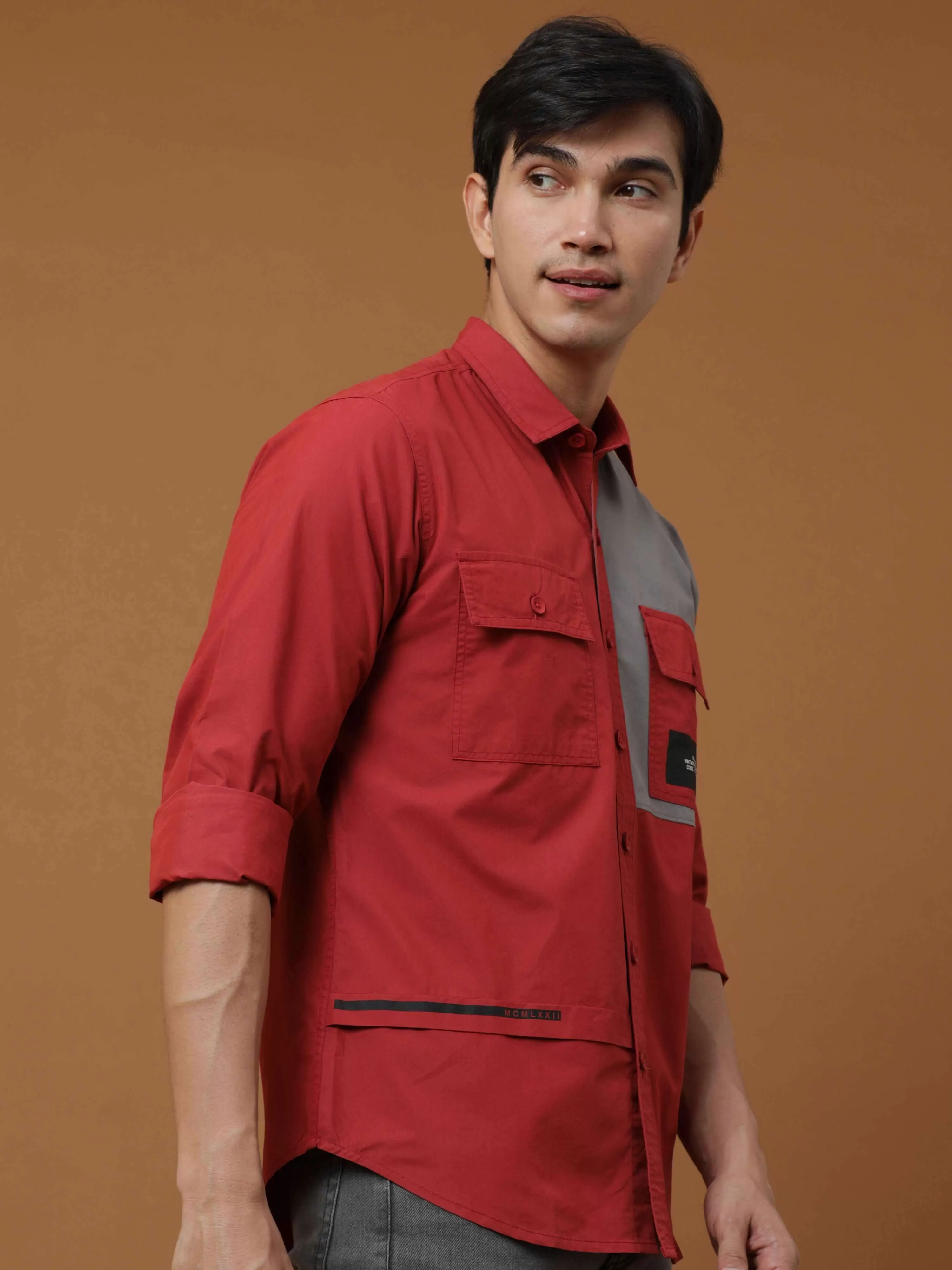 Brick Red Contrast Patch Cargo Shirt