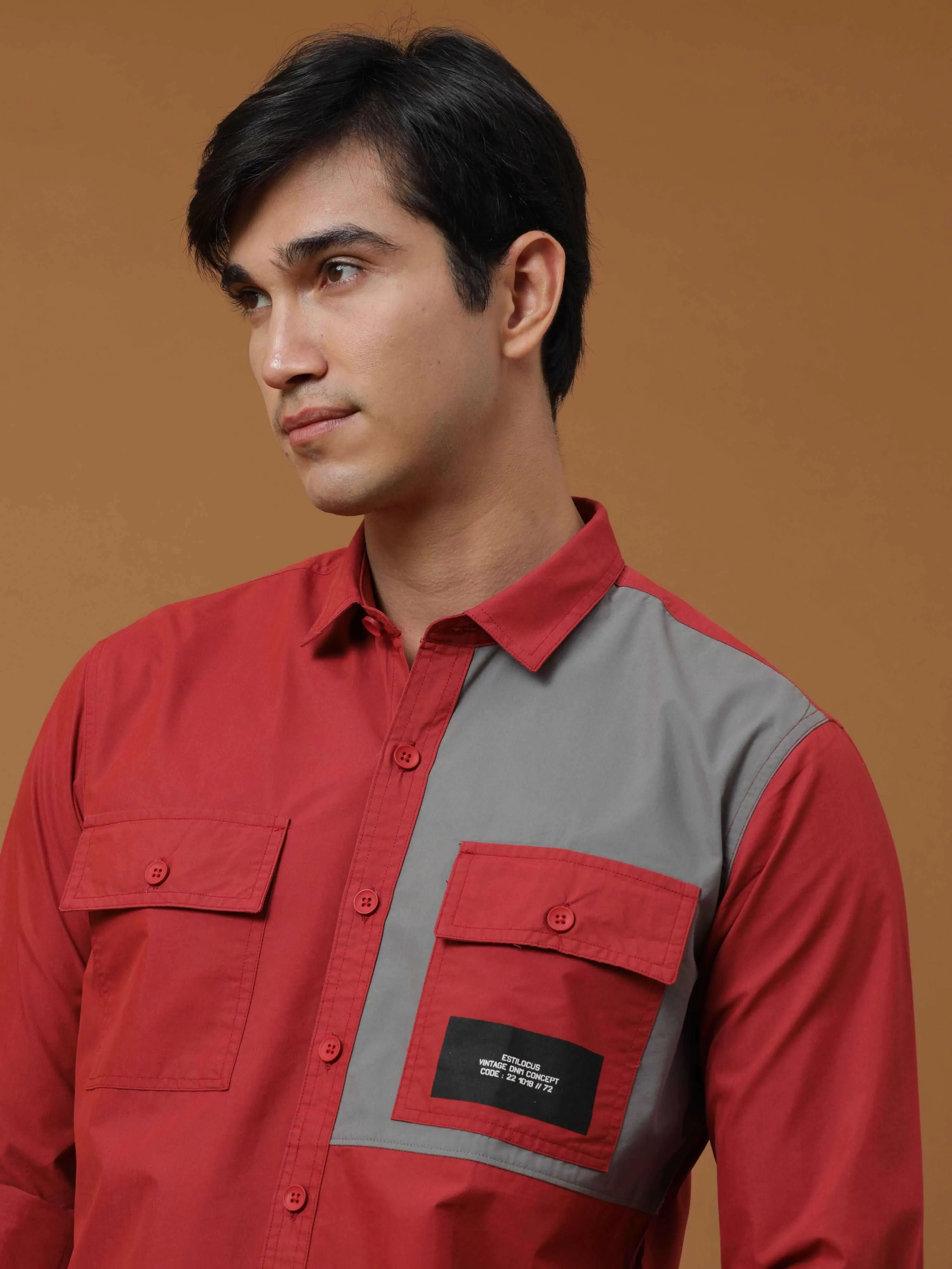 Brick Red Contrast Patch Cargo Shirt