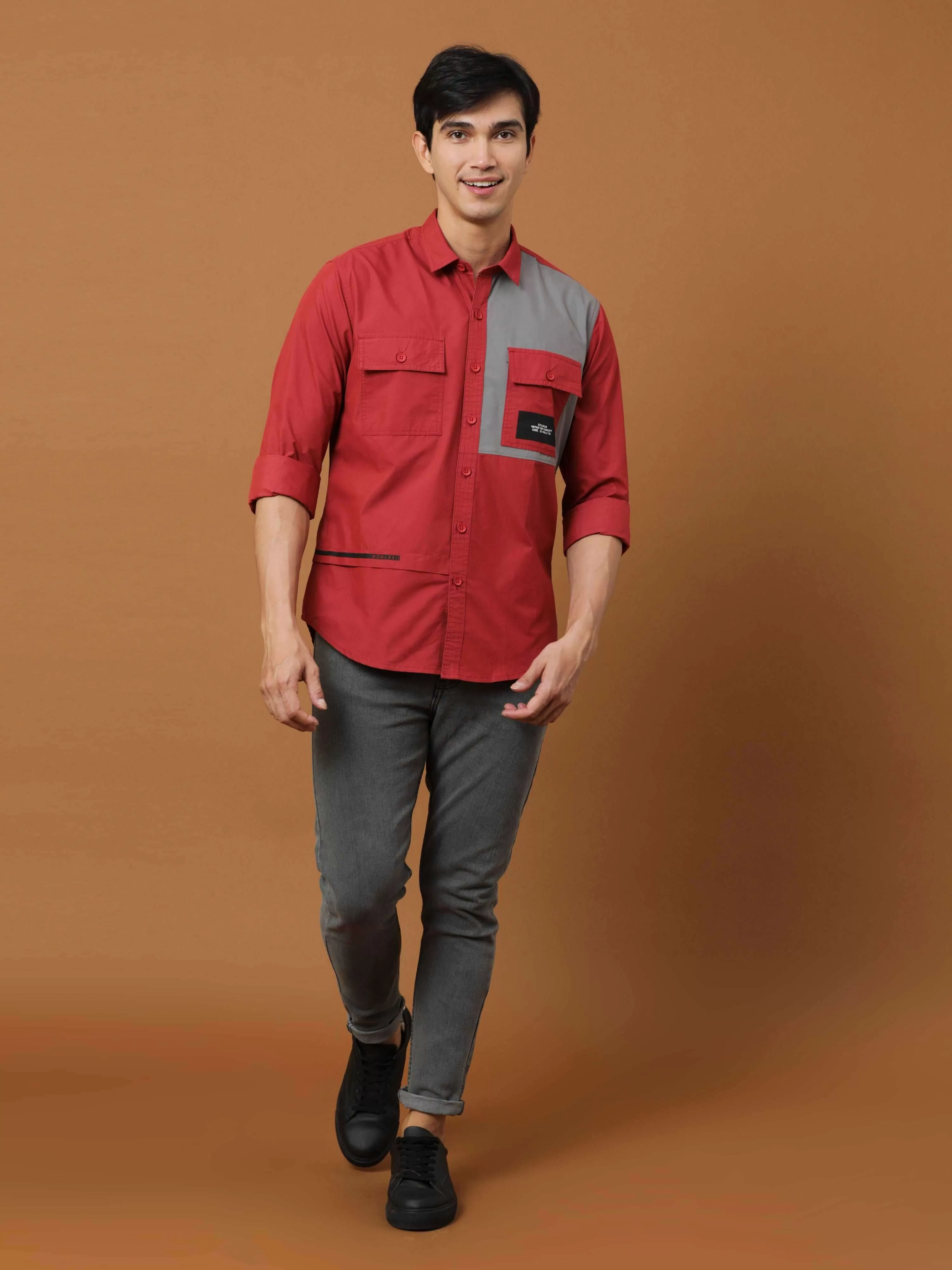 Brick Red Contrast Patch Cargo Shirt