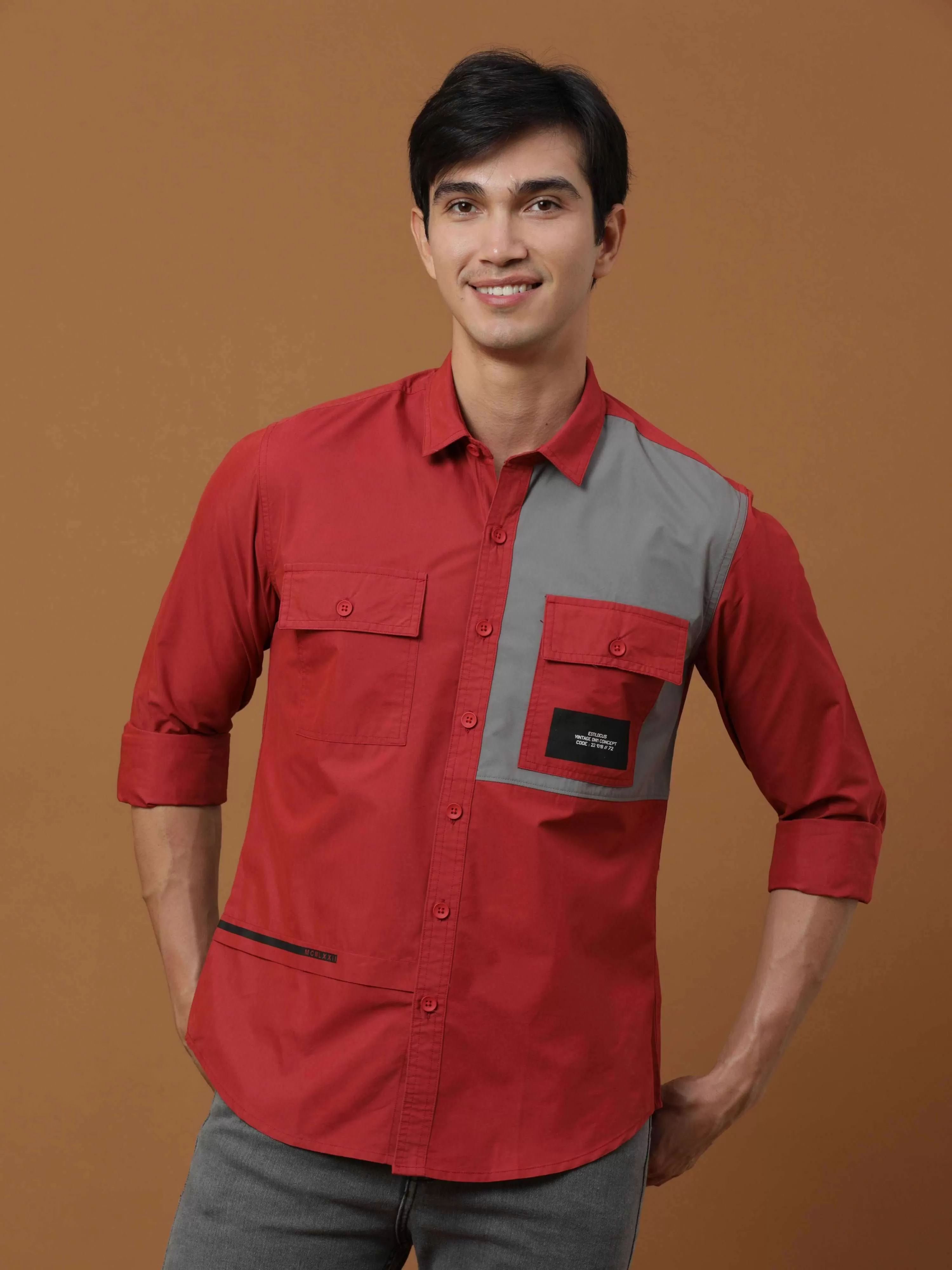 Brick Red Contrast Patch Cargo Shirt