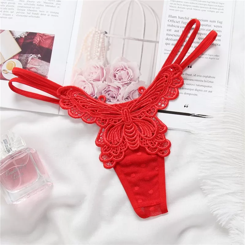 Butterfly Embroidered High Waisted Lace Thong