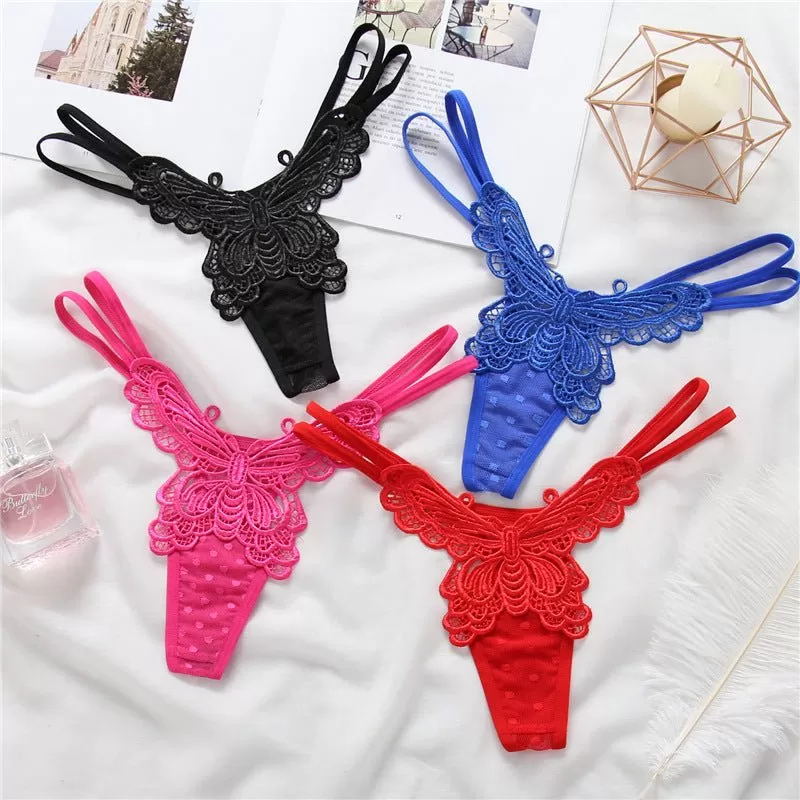 Butterfly Embroidered High Waisted Lace Thong