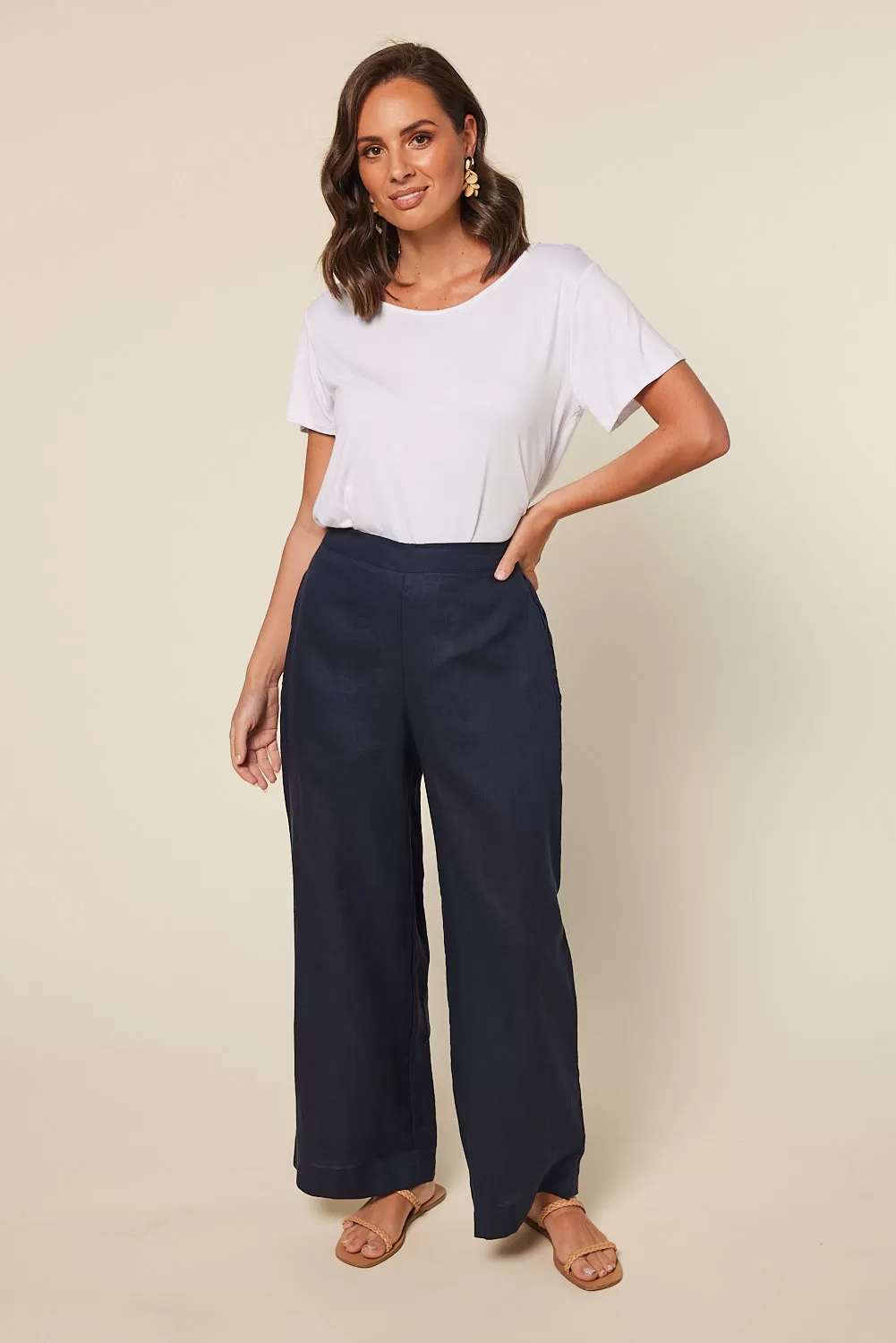 Camille Linen Wide Leg Pant in Navy