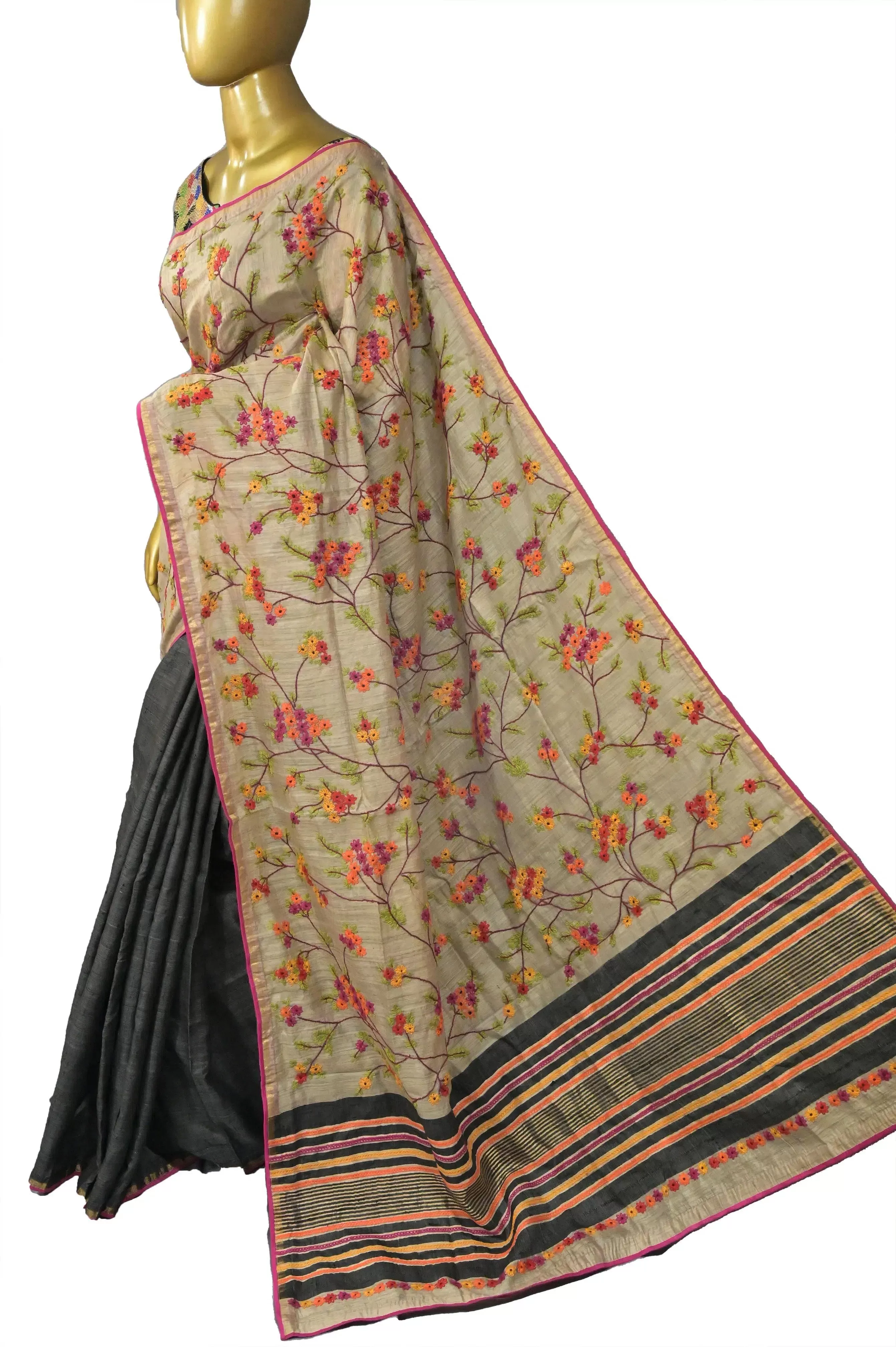 Charcoal Green Color Half Ghicha Tussar and Half Raw Silk Saree with Hand Embroidery