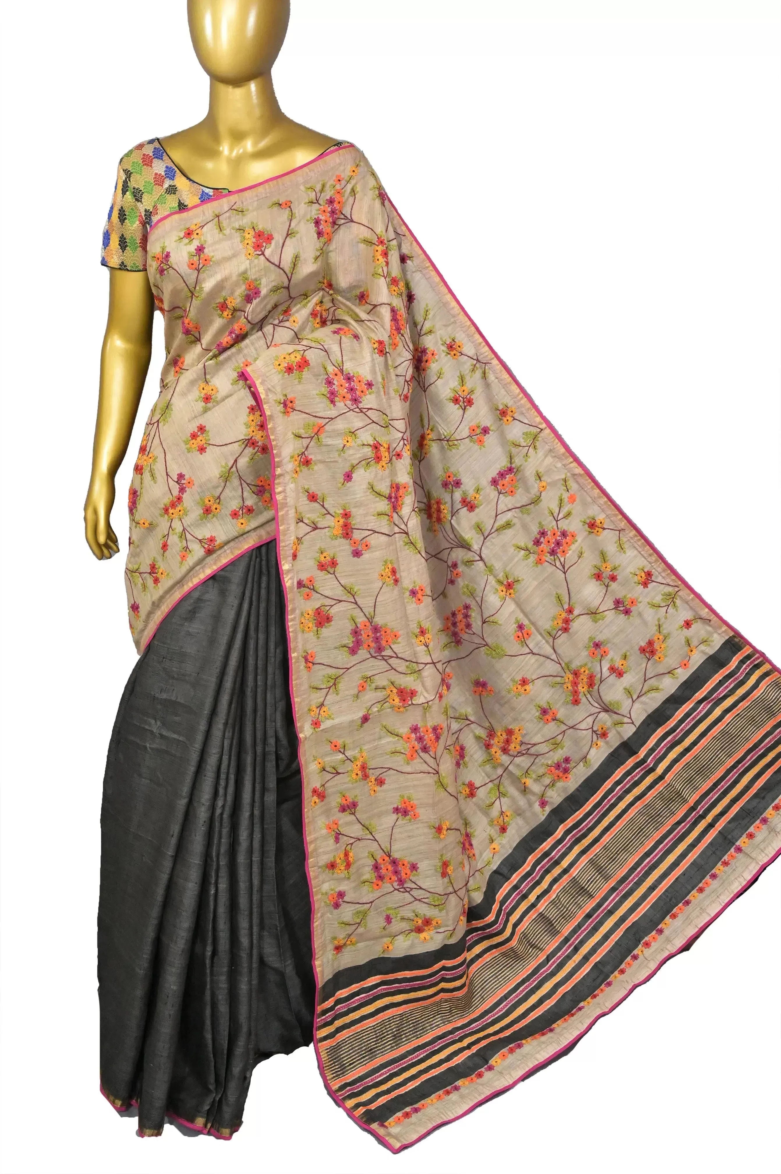 Charcoal Green Color Half Ghicha Tussar and Half Raw Silk Saree with Hand Embroidery