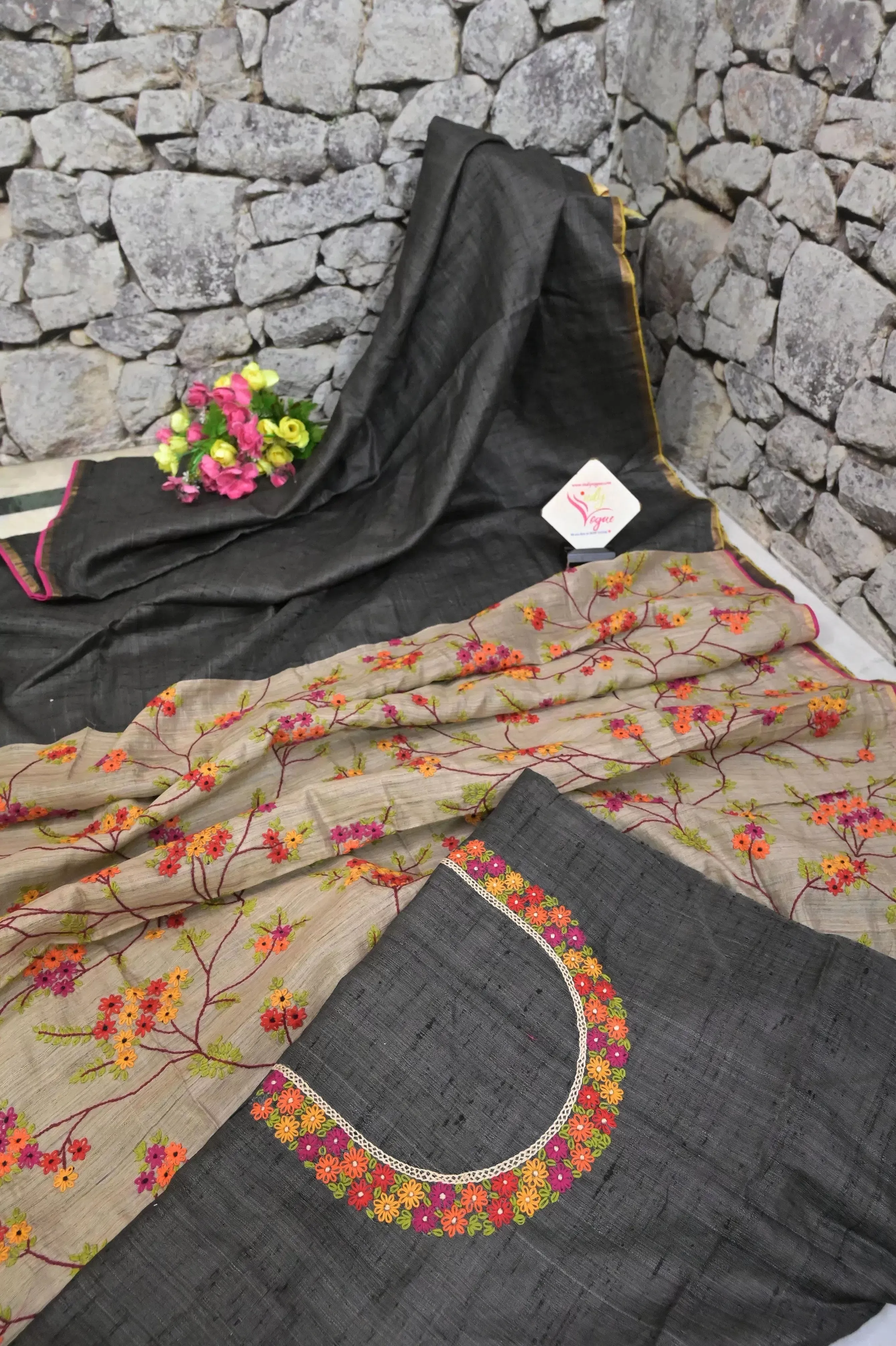 Charcoal Green Color Half Ghicha Tussar and Half Raw Silk Saree with Hand Embroidery