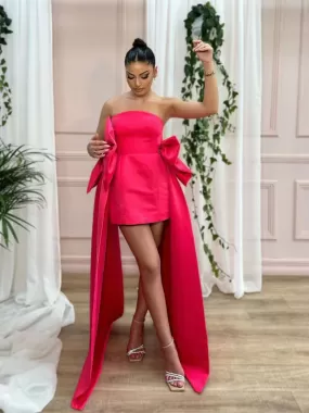 Cute Hot Pink Satin Prom Dresses With Detachable Bows, Popular Prom Dresses, 2023 Prom Dresses