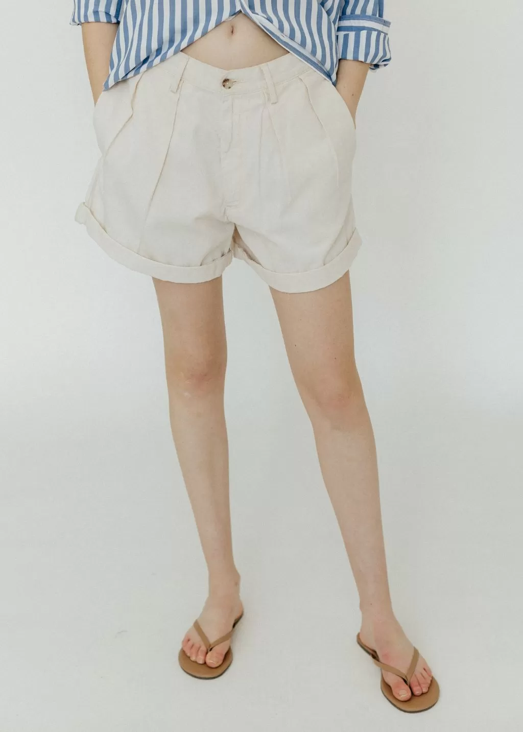 Denimist Blair Double Pleated Short in Natural Flat Twill