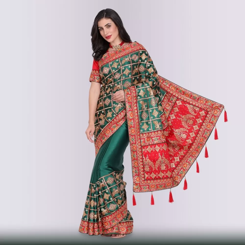 Designer Indian Wedding Sari in Green and Red