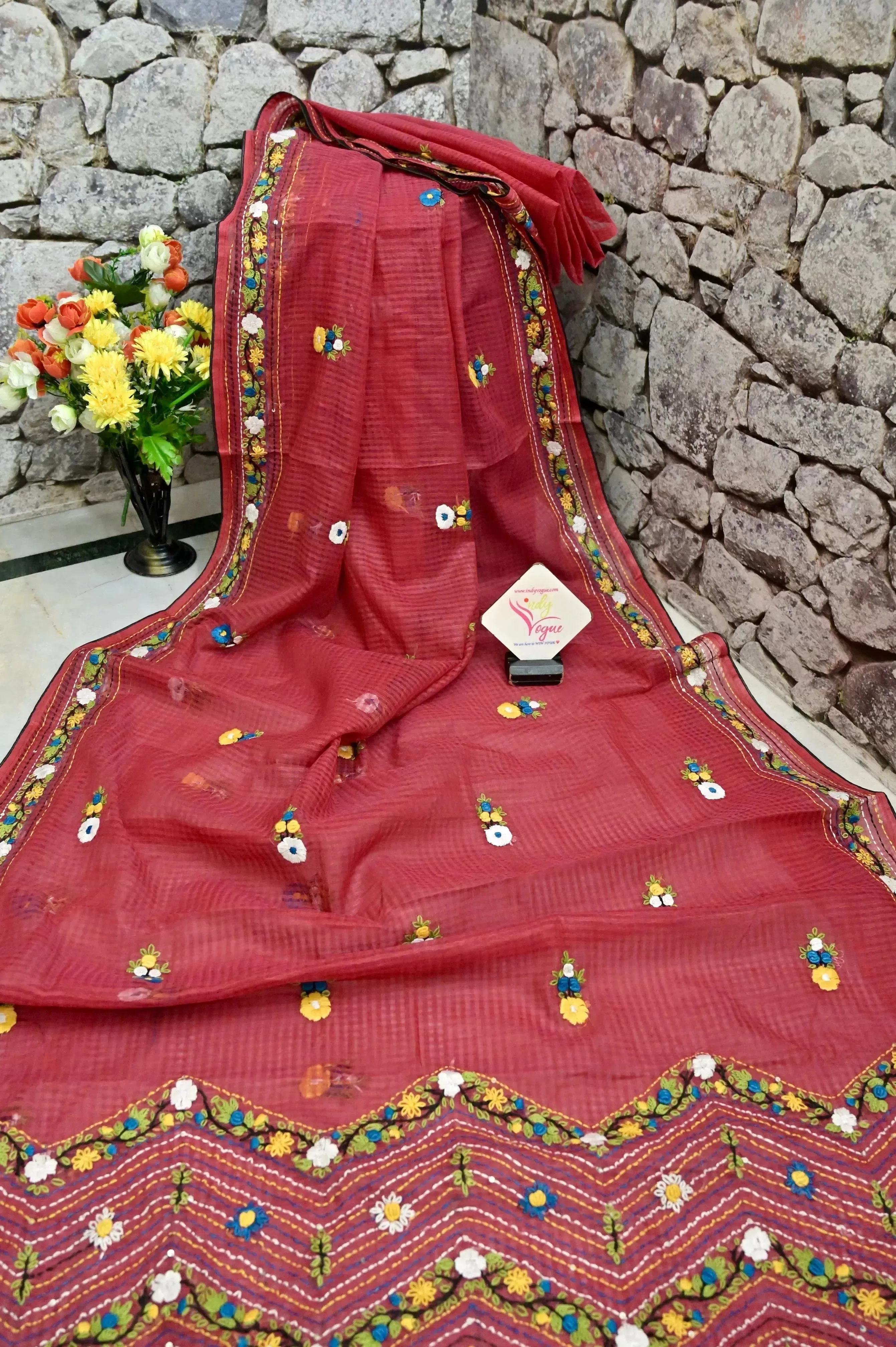 Dirt Red Color Resham Kota Saree with Hand Bullion and Parsi Embroidery