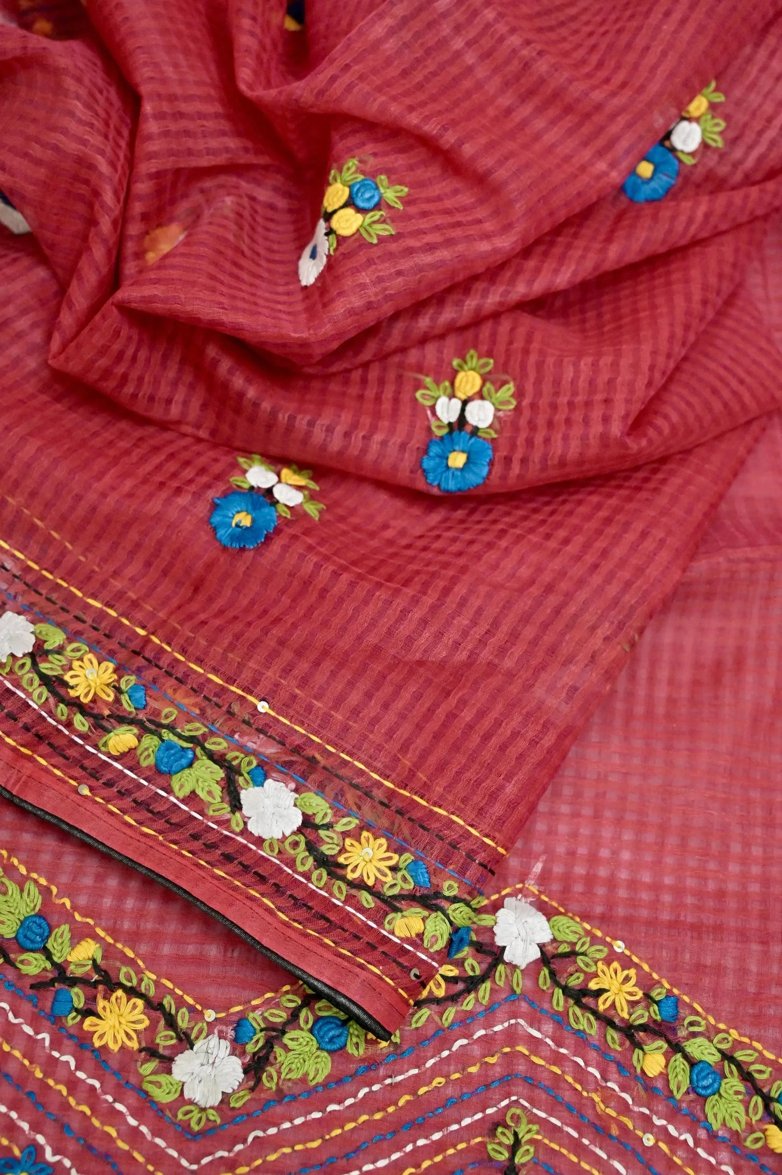 Dirt Red Color Resham Kota Saree with Hand Bullion and Parsi Embroidery