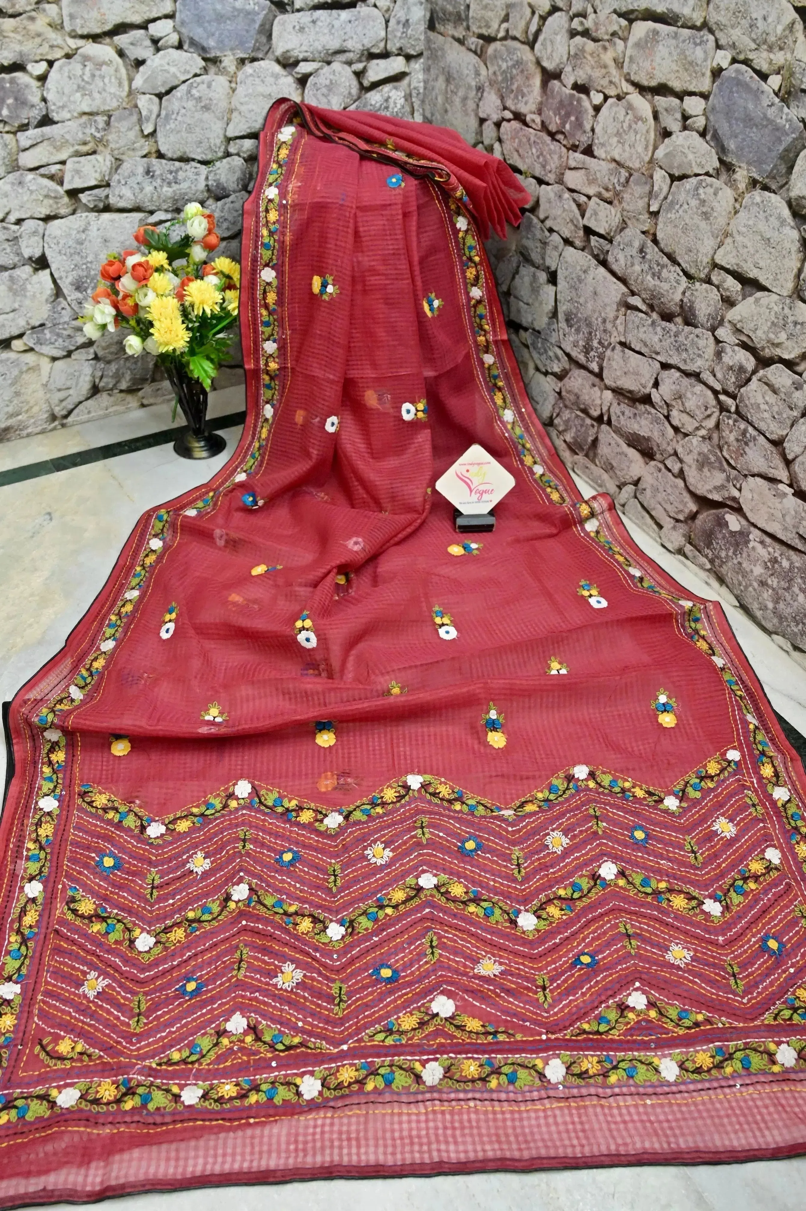 Dirt Red Color Resham Kota Saree with Hand Bullion and Parsi Embroidery