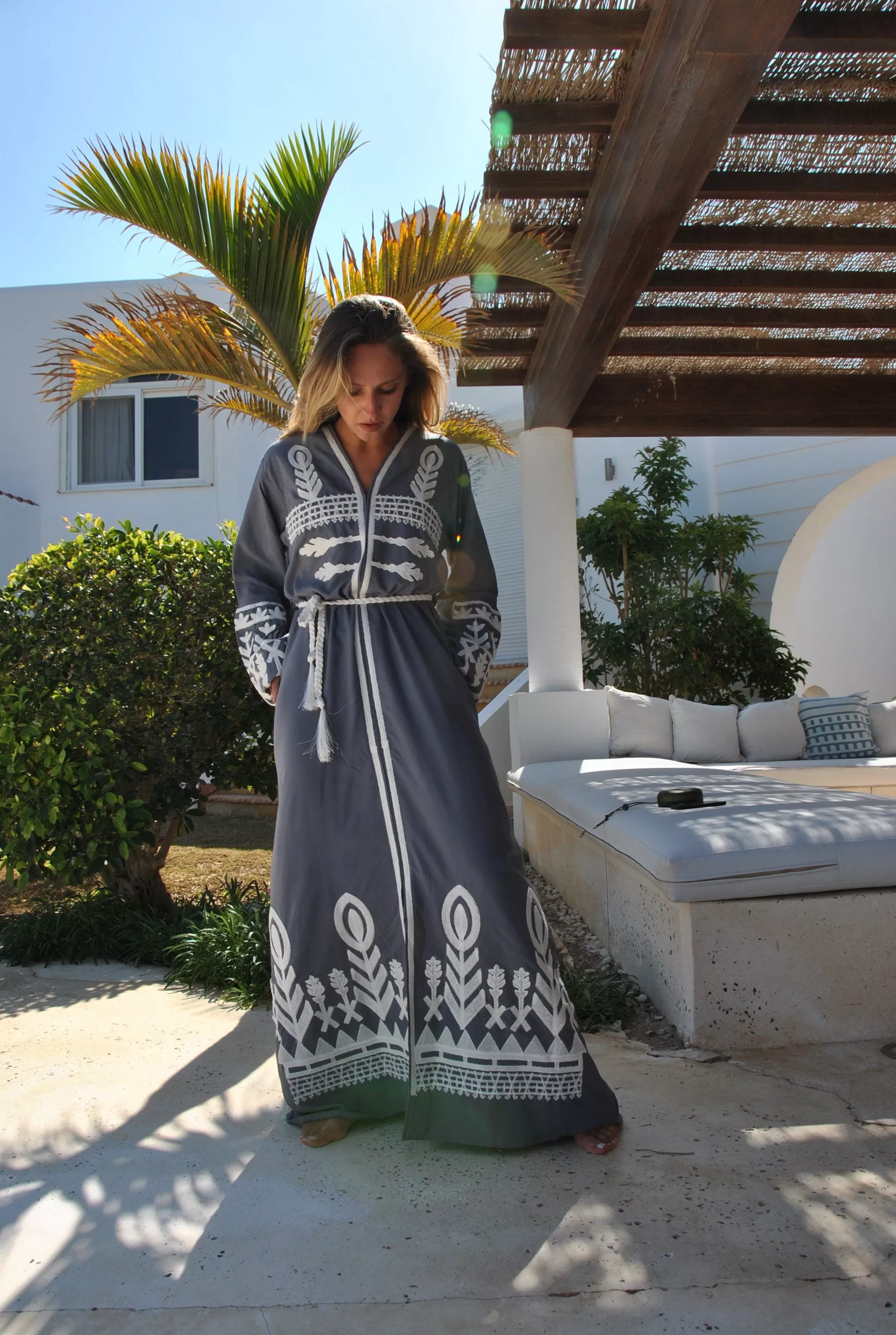 Dove grey cotton Kaftan with front slit, embroidered Kaftan dress, Caftan maxi dress, Caftans for women, Egyptian cotton caftan, caftans