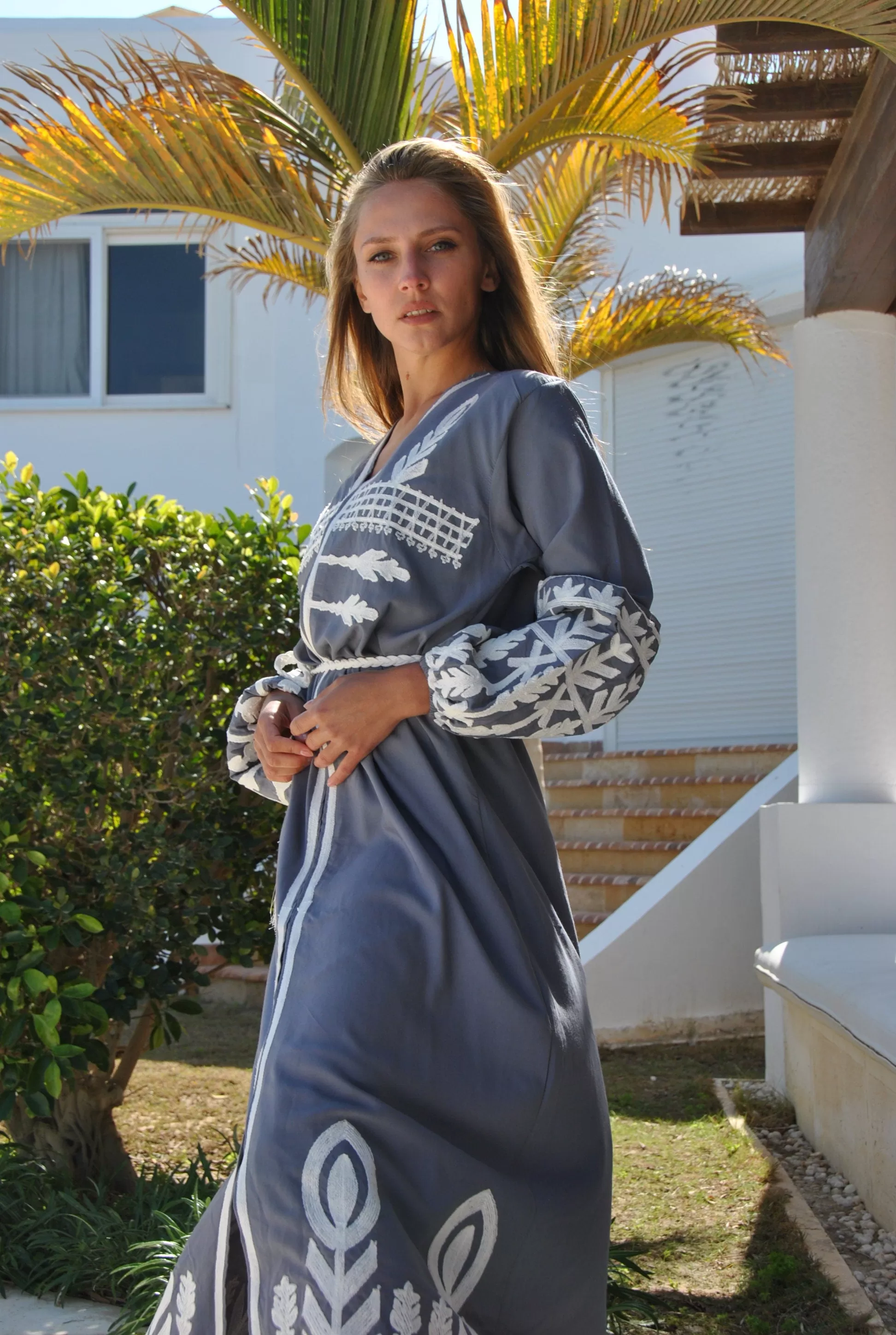 Dove grey cotton Kaftan with front slit, embroidered Kaftan dress, Caftan maxi dress, Caftans for women, Egyptian cotton caftan, caftans