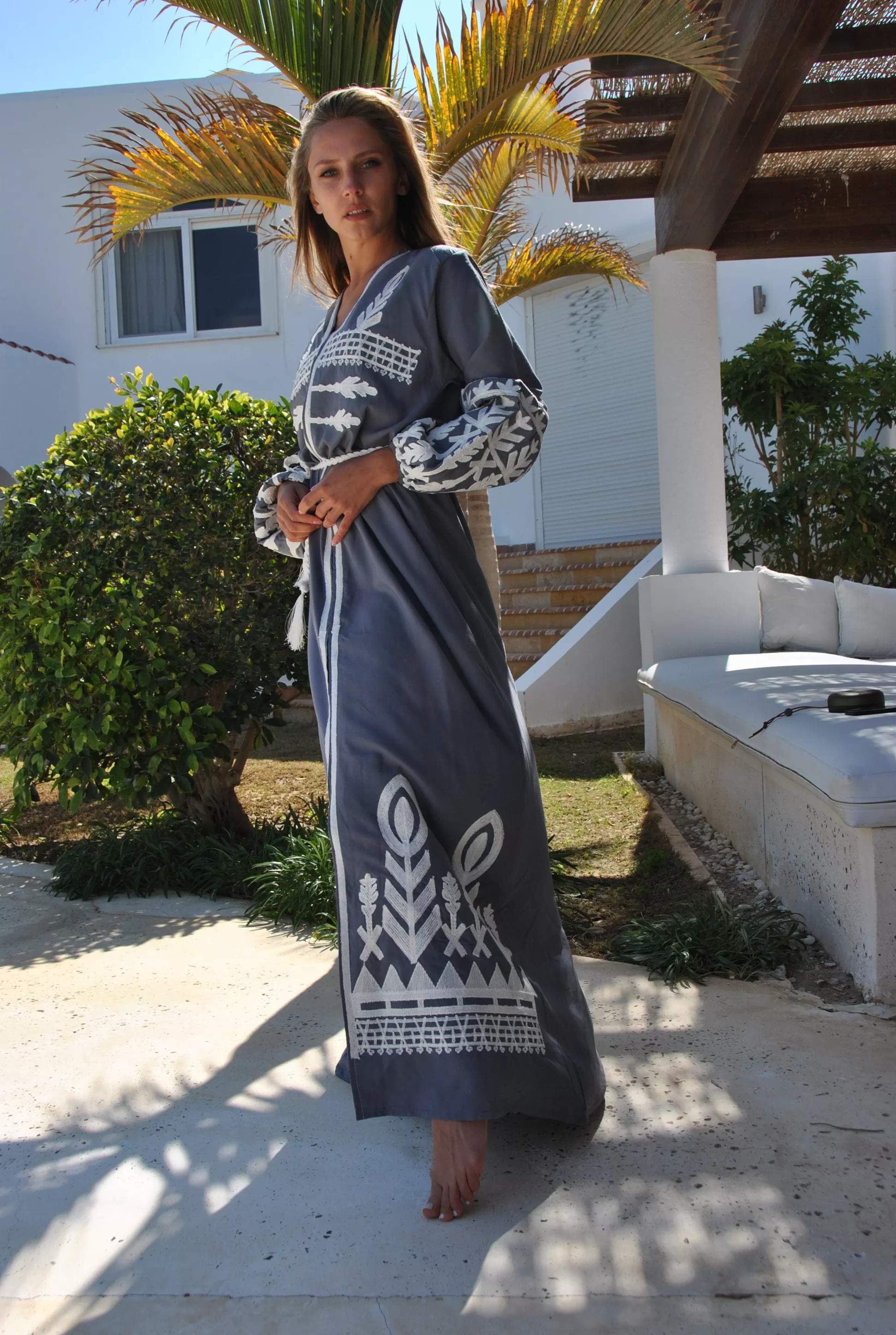 Dove grey cotton Kaftan with front slit, embroidered Kaftan dress, Caftan maxi dress, Caftans for women, Egyptian cotton caftan, caftans