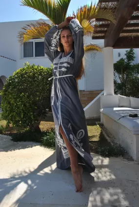 Dove grey cotton Kaftan with front slit, embroidered Kaftan dress, Caftan maxi dress, Caftans for women, Egyptian cotton caftan, caftans