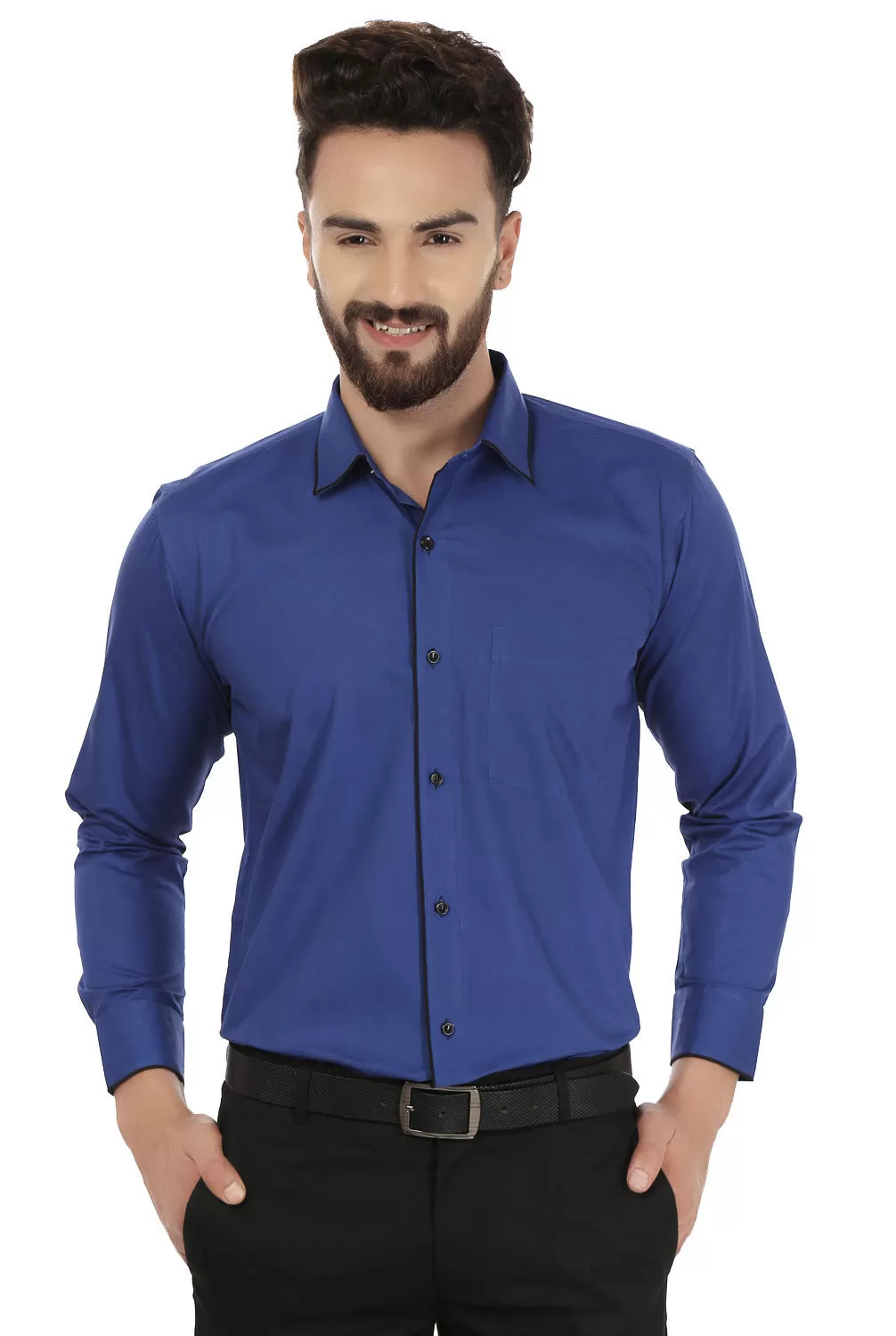 Dress Shirt Men's Long Sleeve Cotton Button Down Collar (Blue)