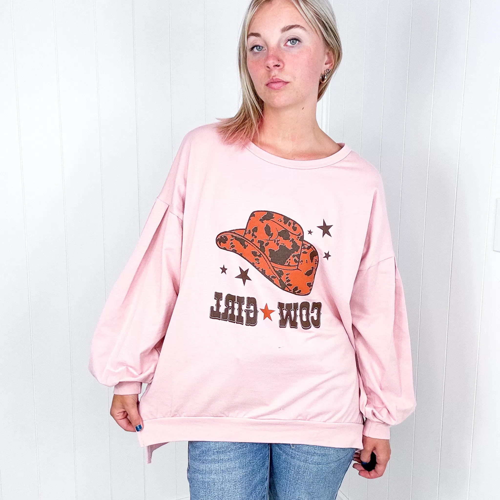 Dusty Pink Cow Girl Graphic Sweatshirt with Open Hem Pullover