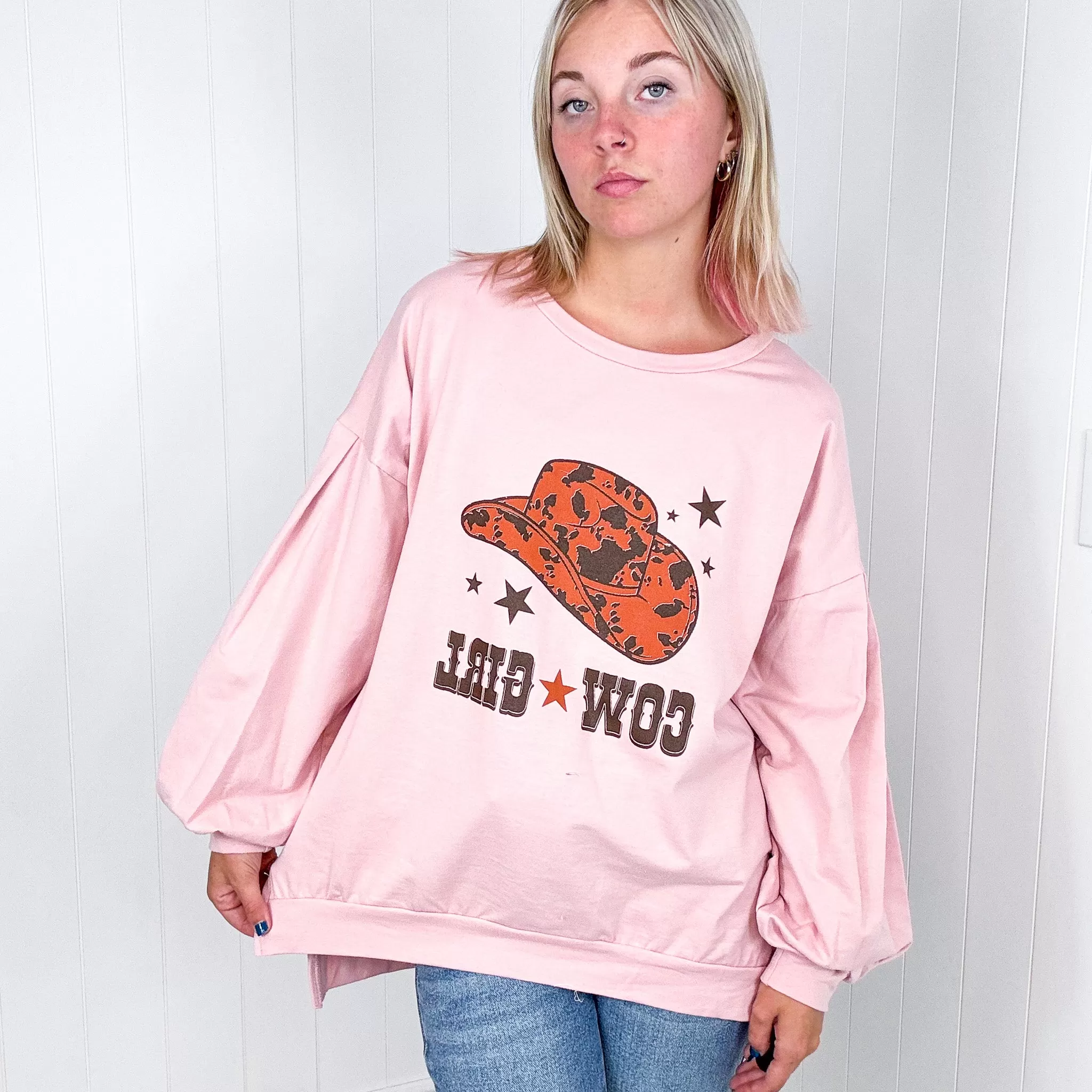 Dusty Pink Cow Girl Graphic Sweatshirt with Open Hem Pullover