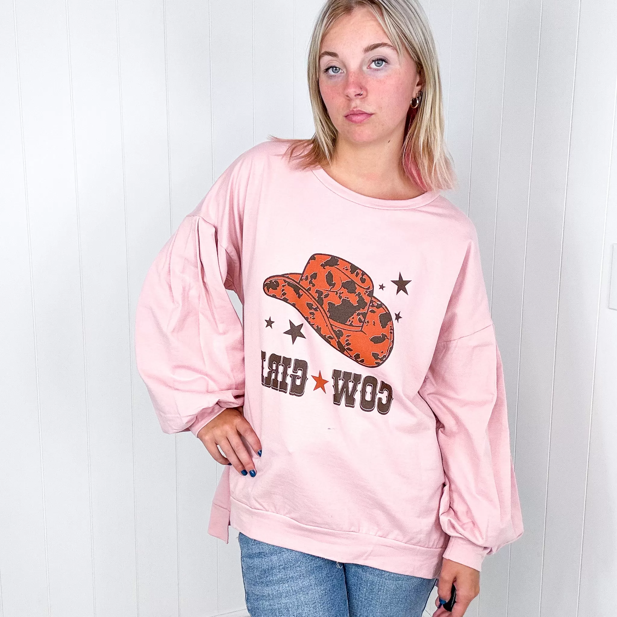 Dusty Pink Cow Girl Graphic Sweatshirt with Open Hem Pullover