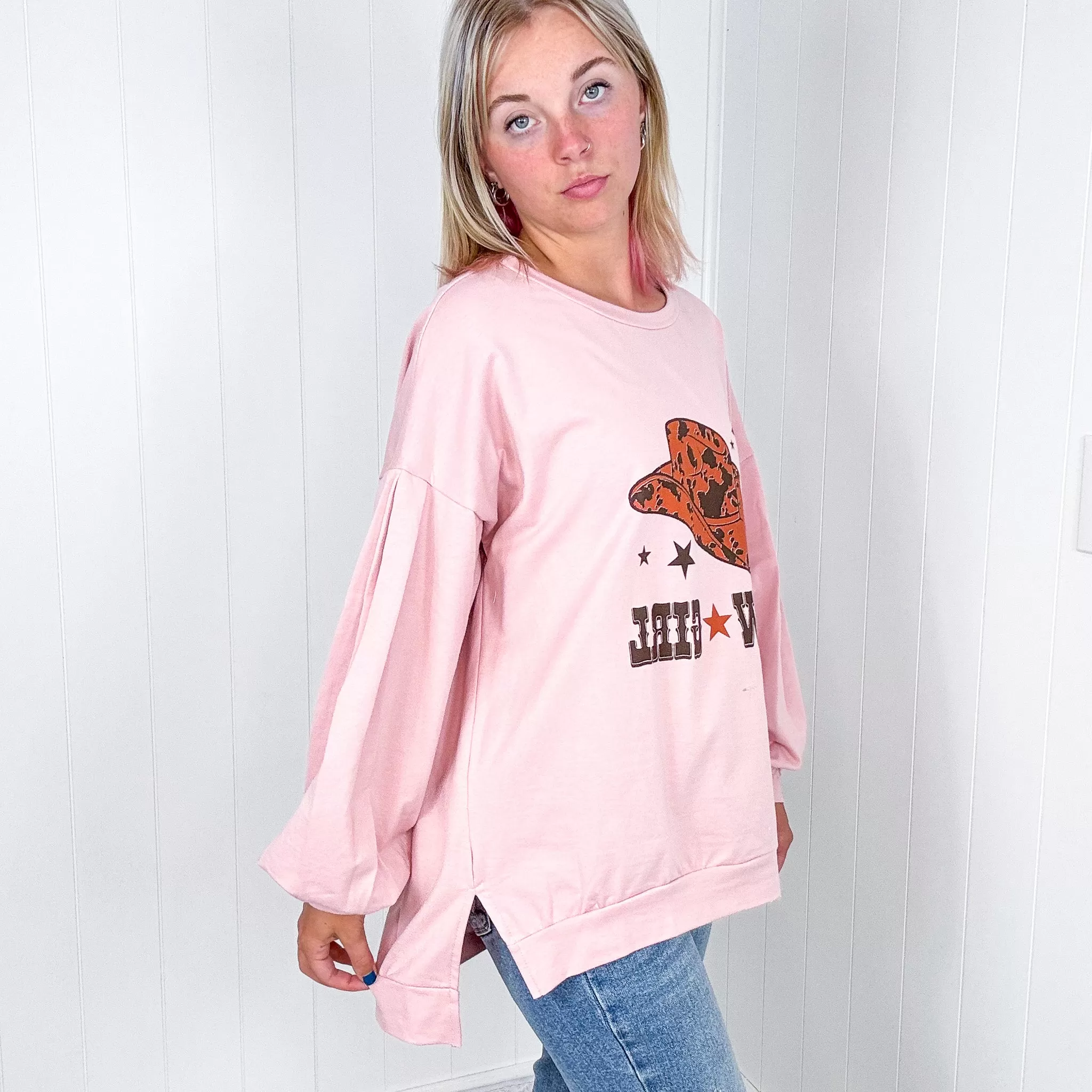 Dusty Pink Cow Girl Graphic Sweatshirt with Open Hem Pullover