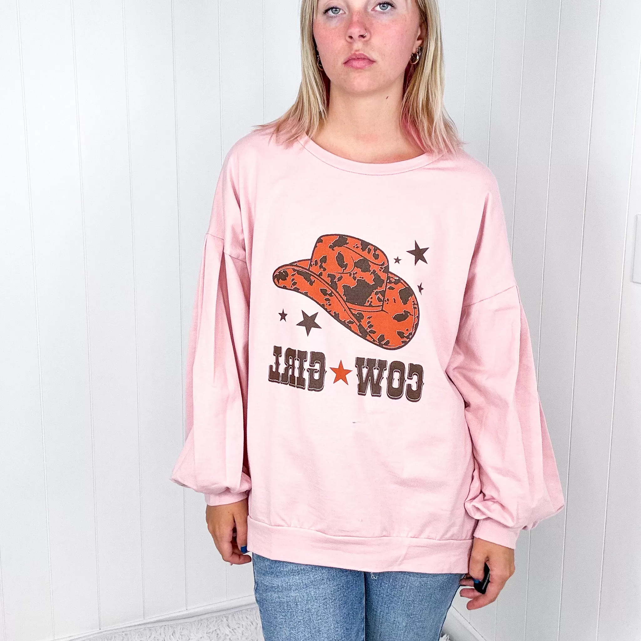 Dusty Pink Cow Girl Graphic Sweatshirt with Open Hem Pullover