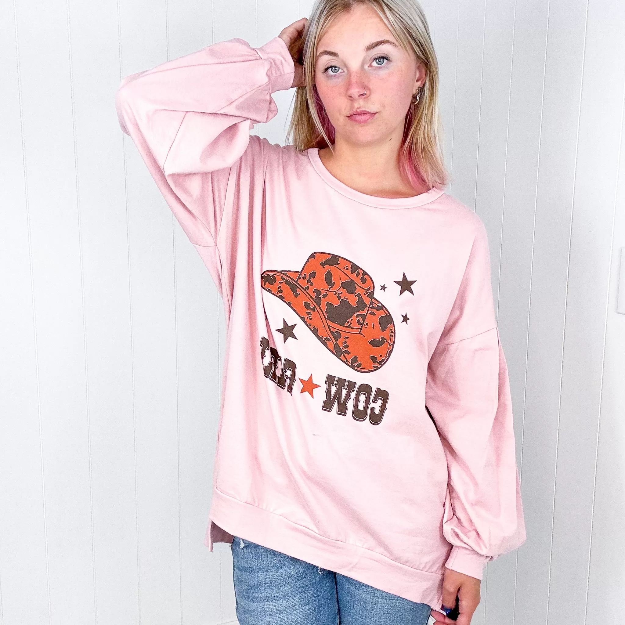 Dusty Pink Cow Girl Graphic Sweatshirt with Open Hem Pullover