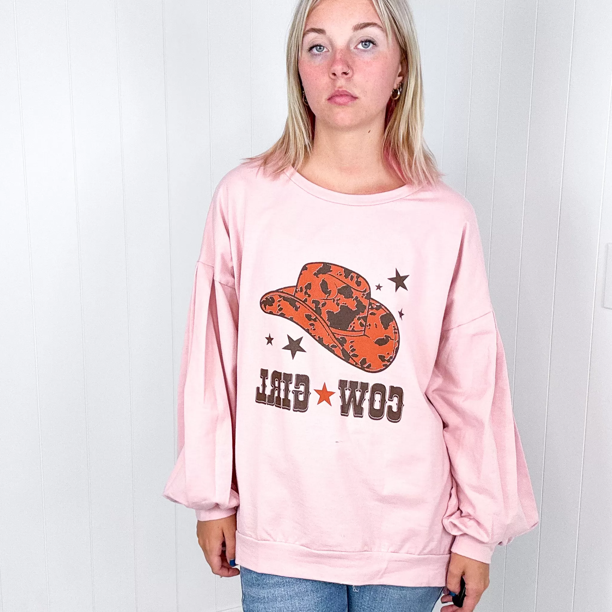 Dusty Pink Cow Girl Graphic Sweatshirt with Open Hem Pullover