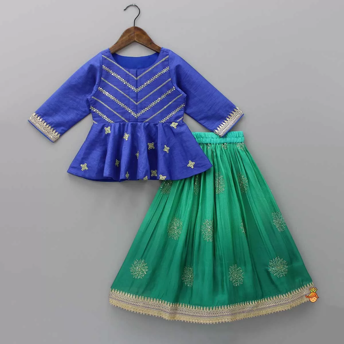 Embroidered Blue Top And Green Lehenga