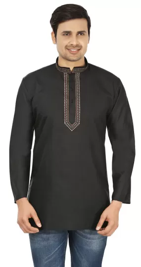 Embroidered Cotton Mens Short Kurta Shirt Indian Clothes (Black)