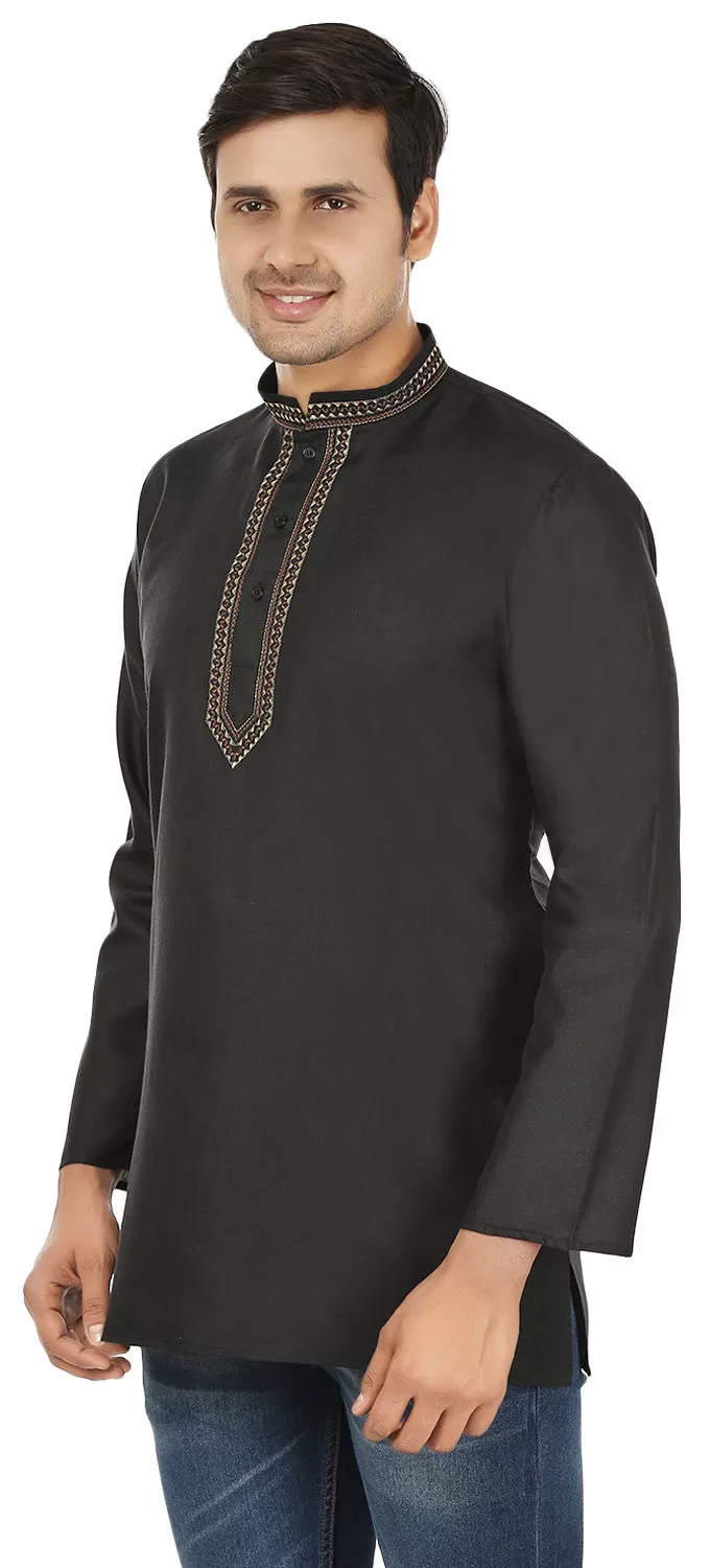 Embroidered Cotton Mens Short Kurta Shirt Indian Clothes (Black)