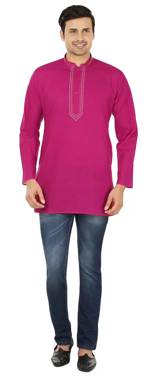 Embroidered Cotton Men's Short Kurta Shirt Indian Clothes (Magenta)