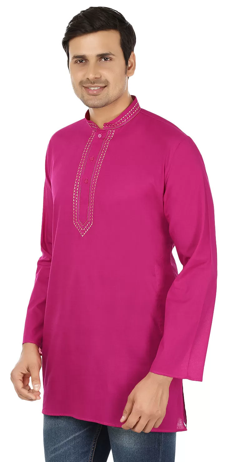 Embroidered Cotton Men's Short Kurta Shirt Indian Clothes (Magenta)