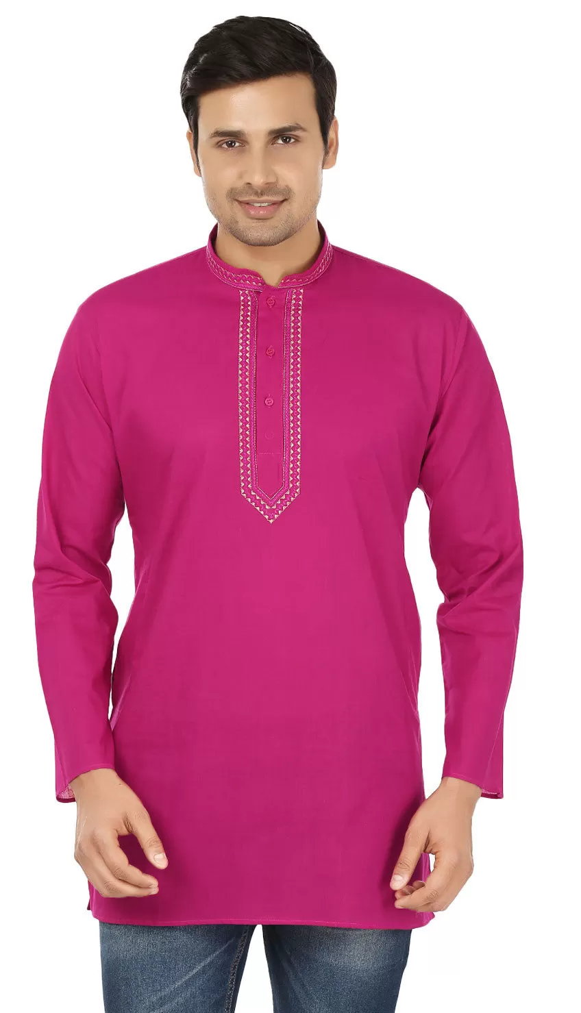 Embroidered Cotton Men's Short Kurta Shirt Indian Clothes (Magenta)