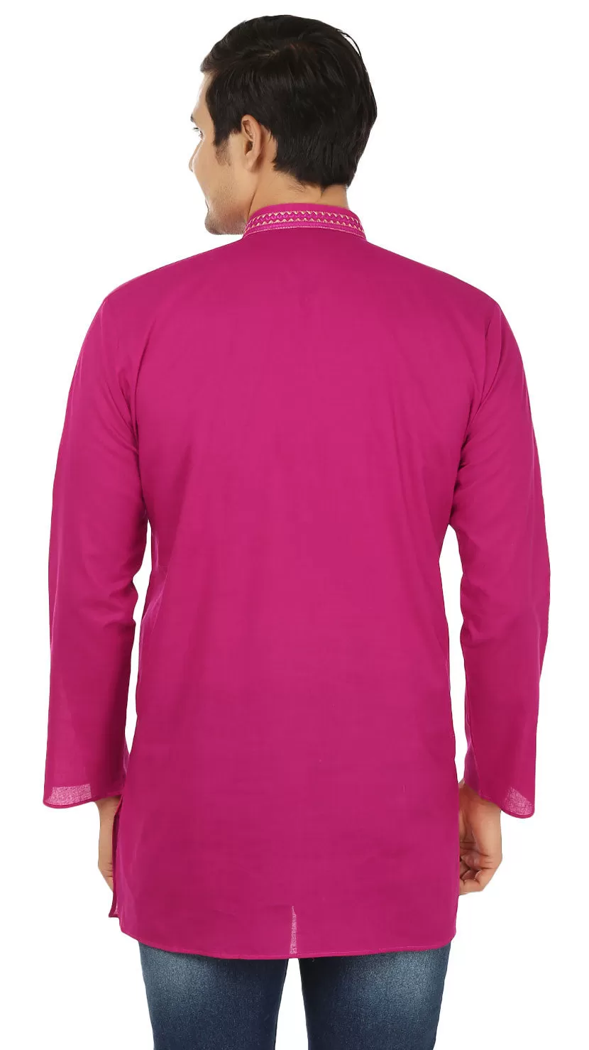 Embroidered Cotton Men's Short Kurta Shirt Indian Clothes (Magenta)