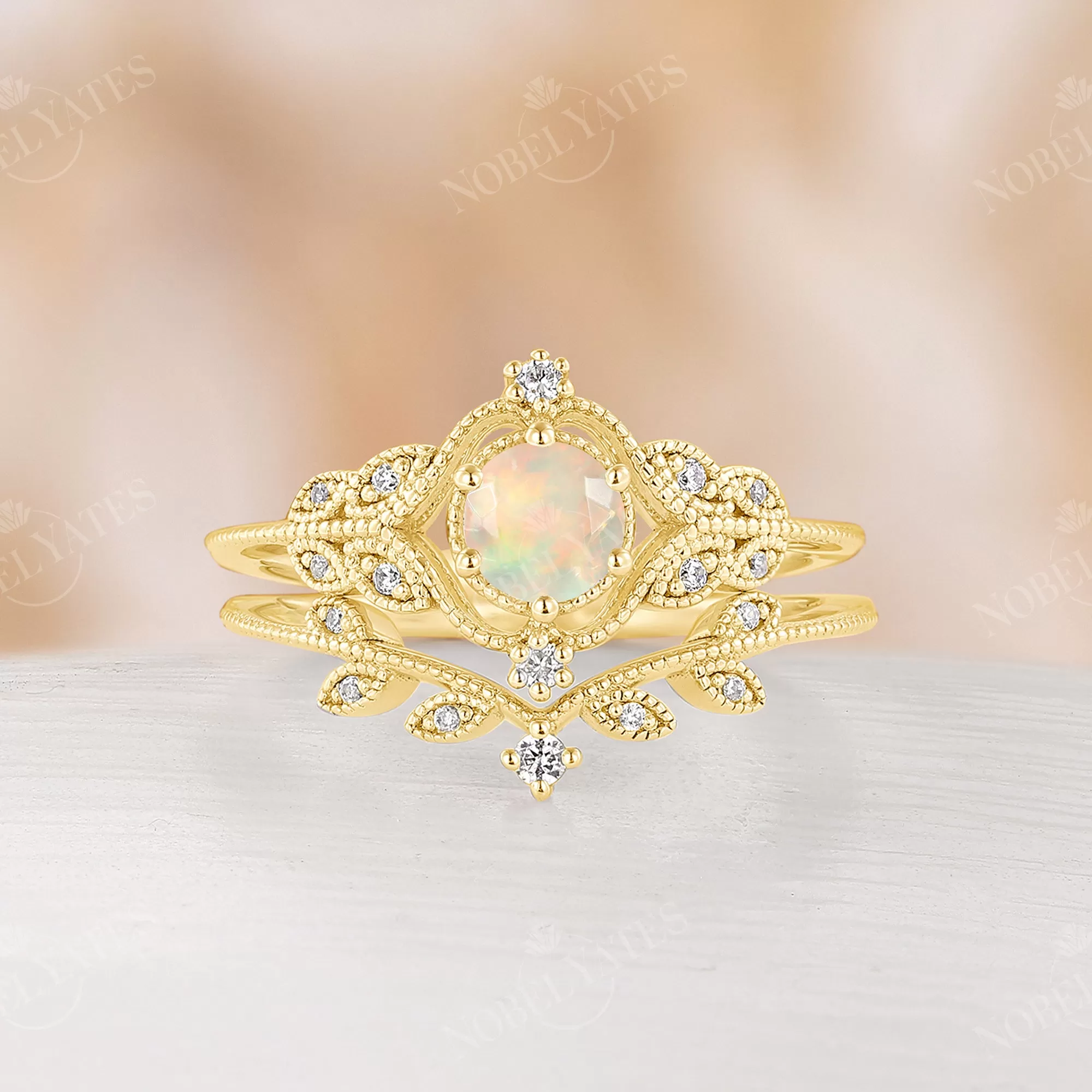 Faced Ethiopian Opal Nature Milgrain Vintage Engagement Ring Set