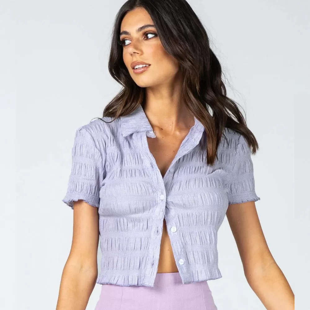 Fashion Ruched Buttons Purple Blouse