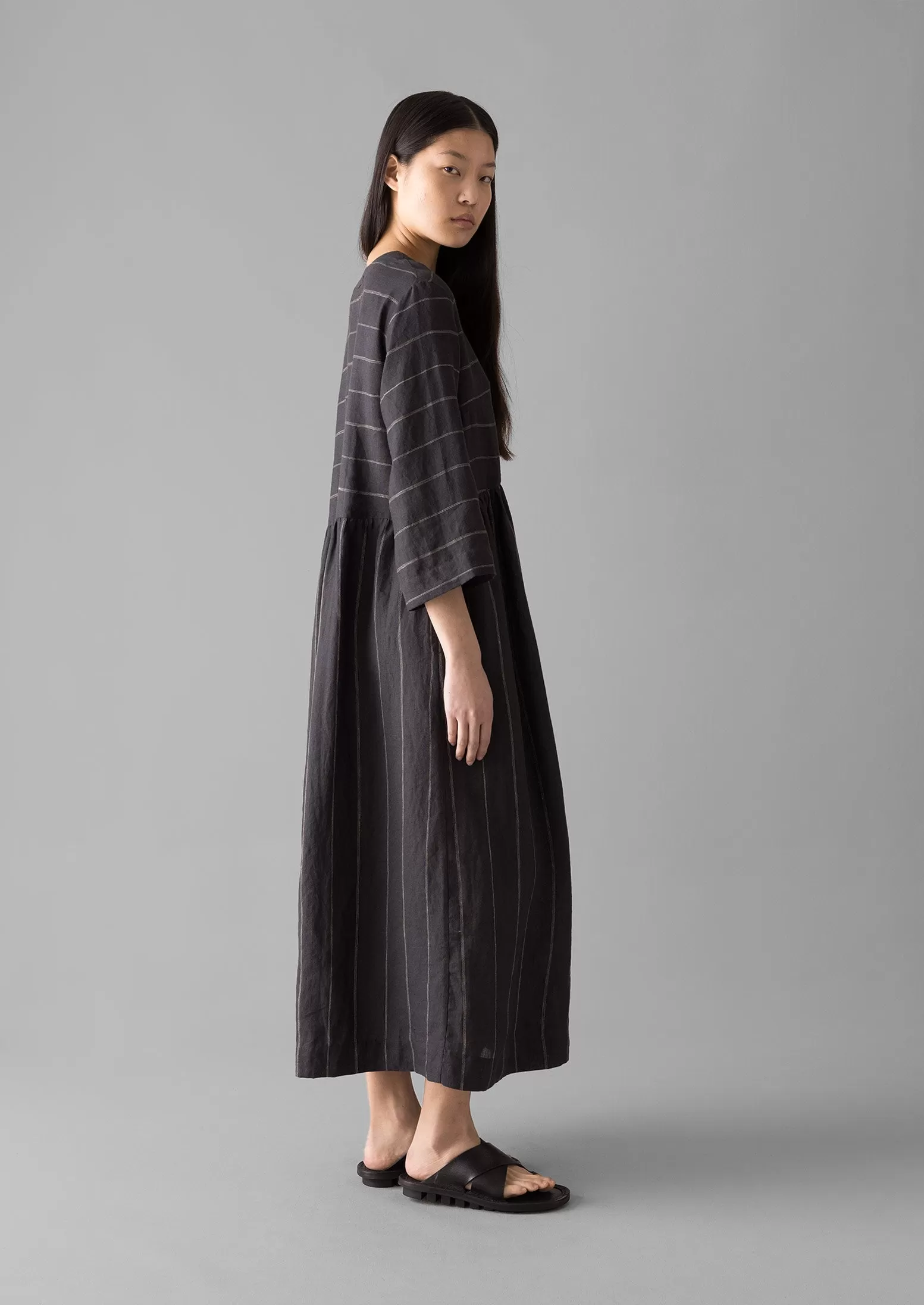 Fine Stripe Linen V-Neck Dress | Onyx